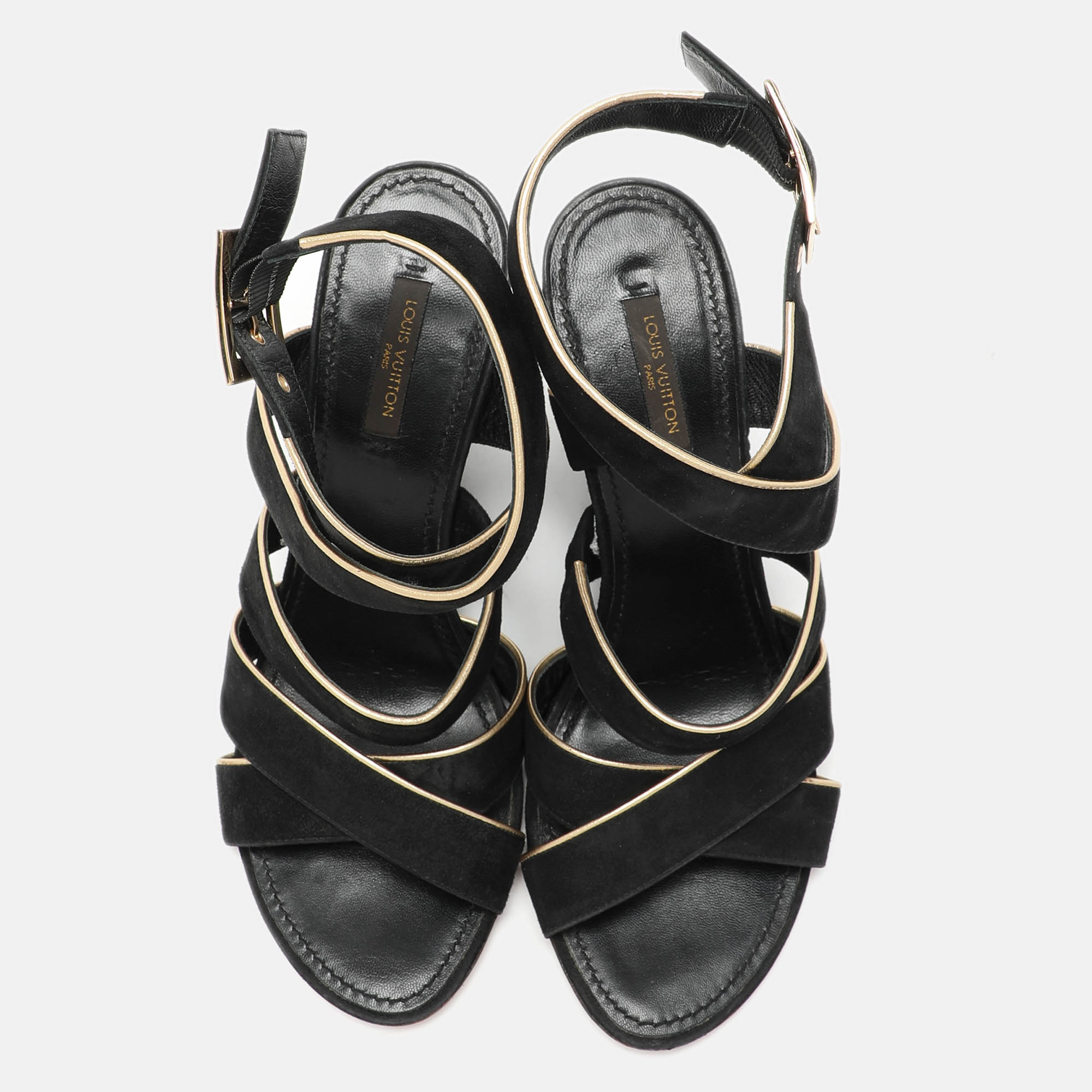 Louis Vuitton Black/Gold Suede and Leather Wedge Sandals Size 39 