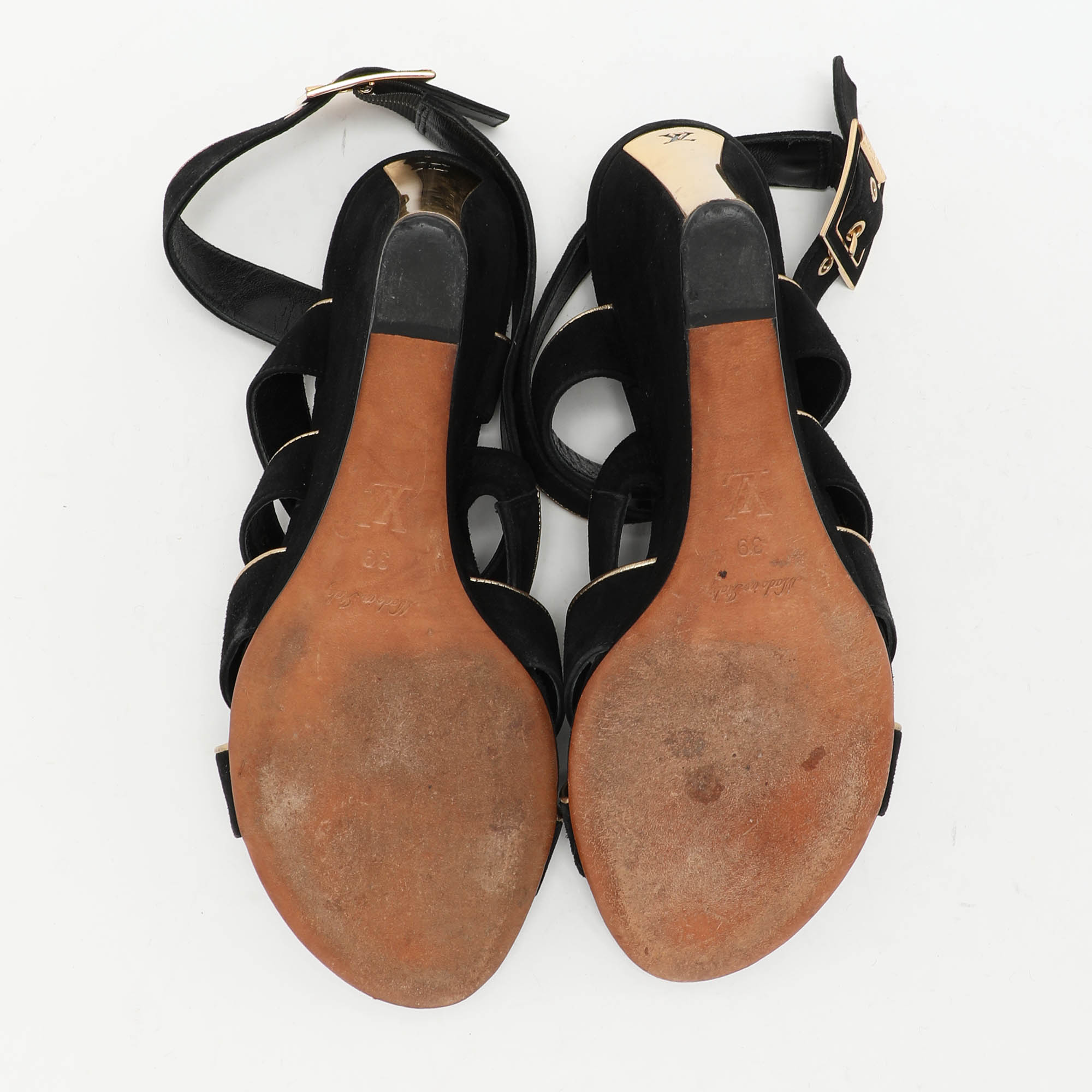 Louis Vuitton Black/Gold Suede and Leather Wedge Sandals Size 39 