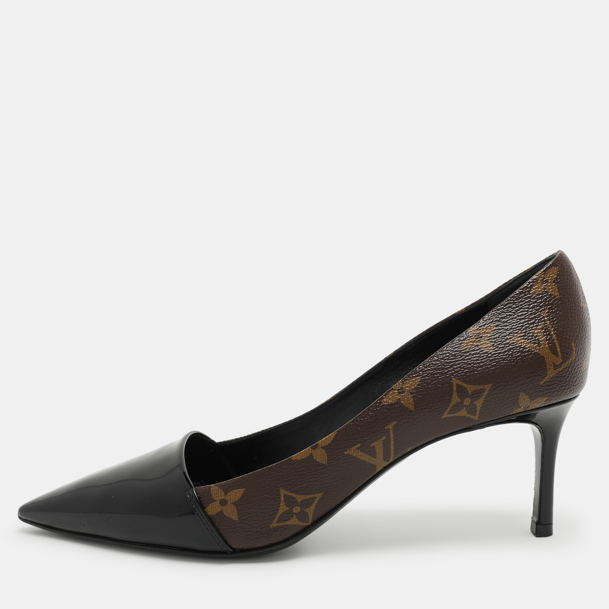 

Louis Vuitton Brown Monogram Canvas and Patent Leather Fetish Pumps Size