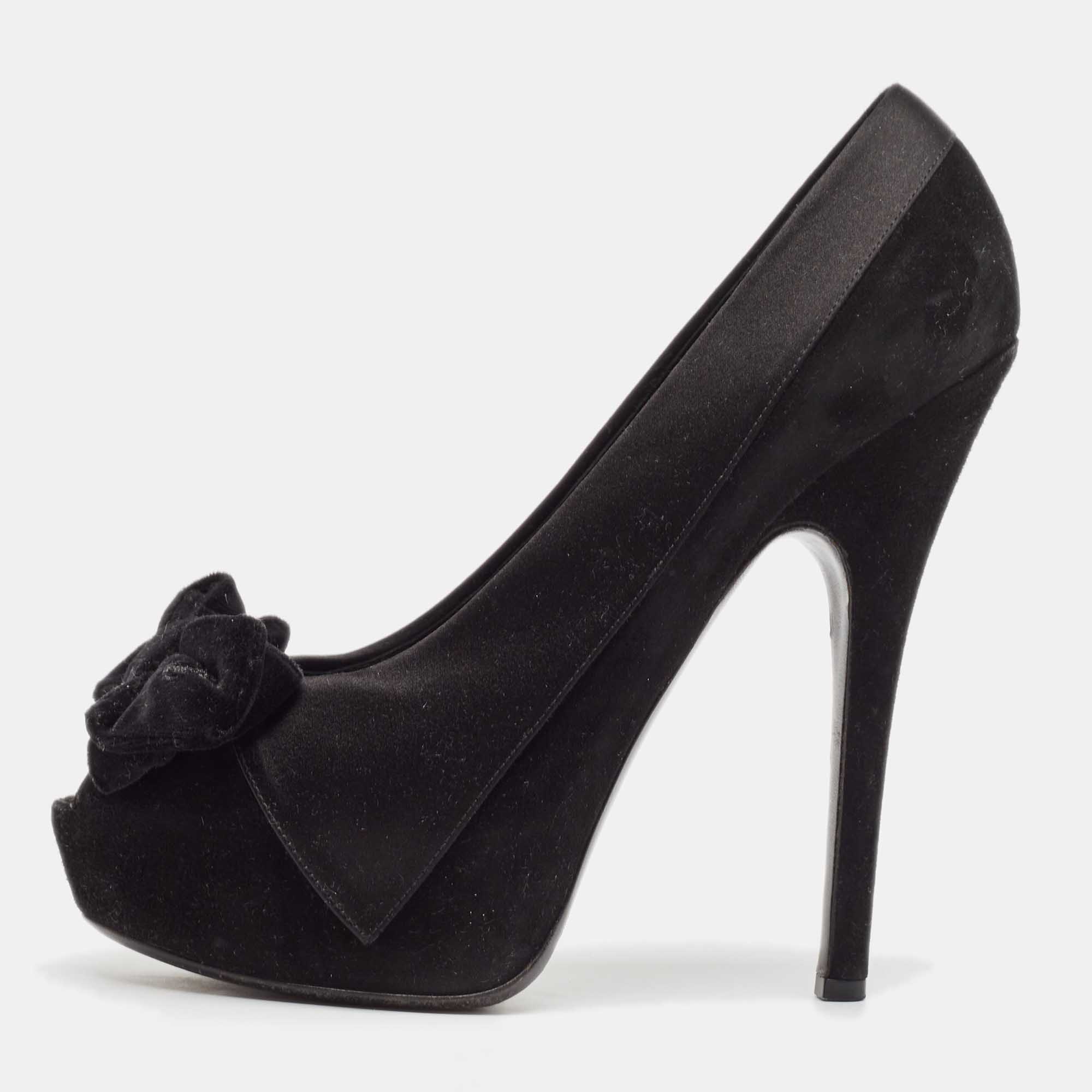 

Louis Vuitton Black Satin and Suede Peep Toe Platform Pumps Size