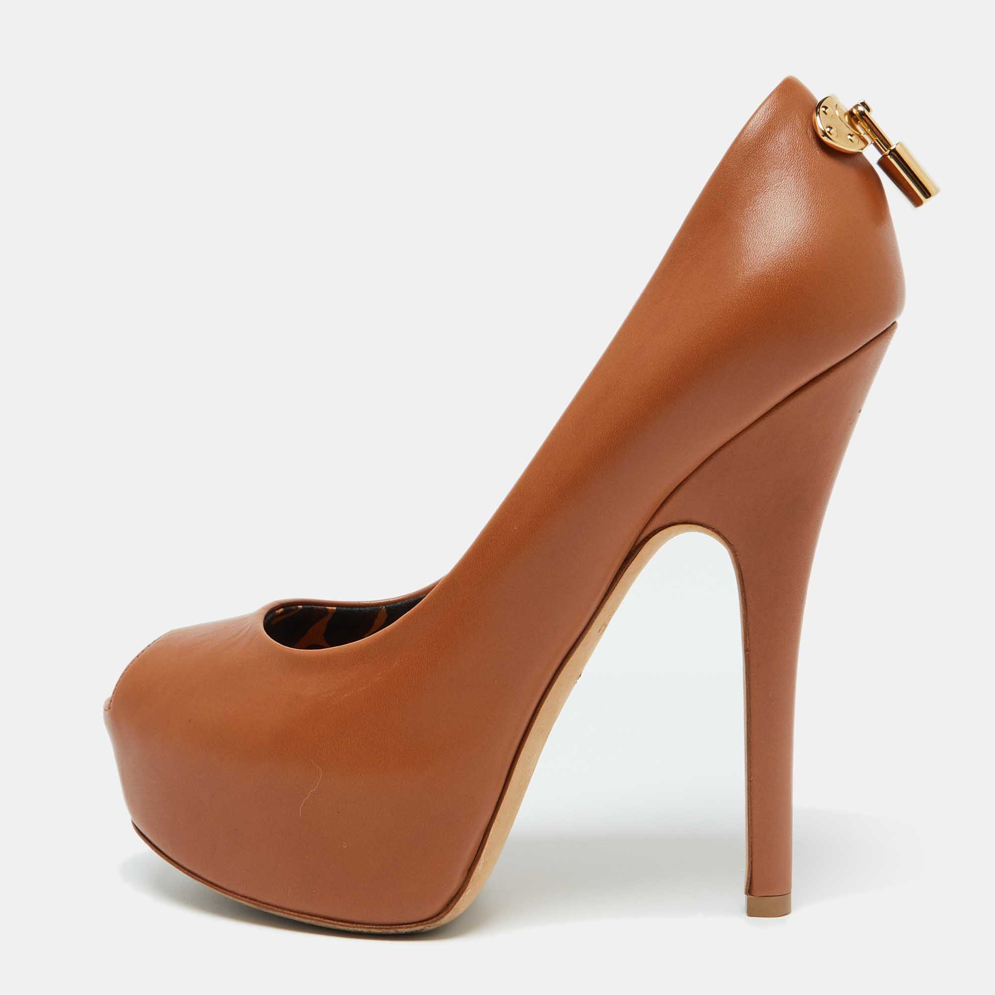 

Louis Vuitton Tan Leather Oh Really! Peep Toe Platform Pumps Size