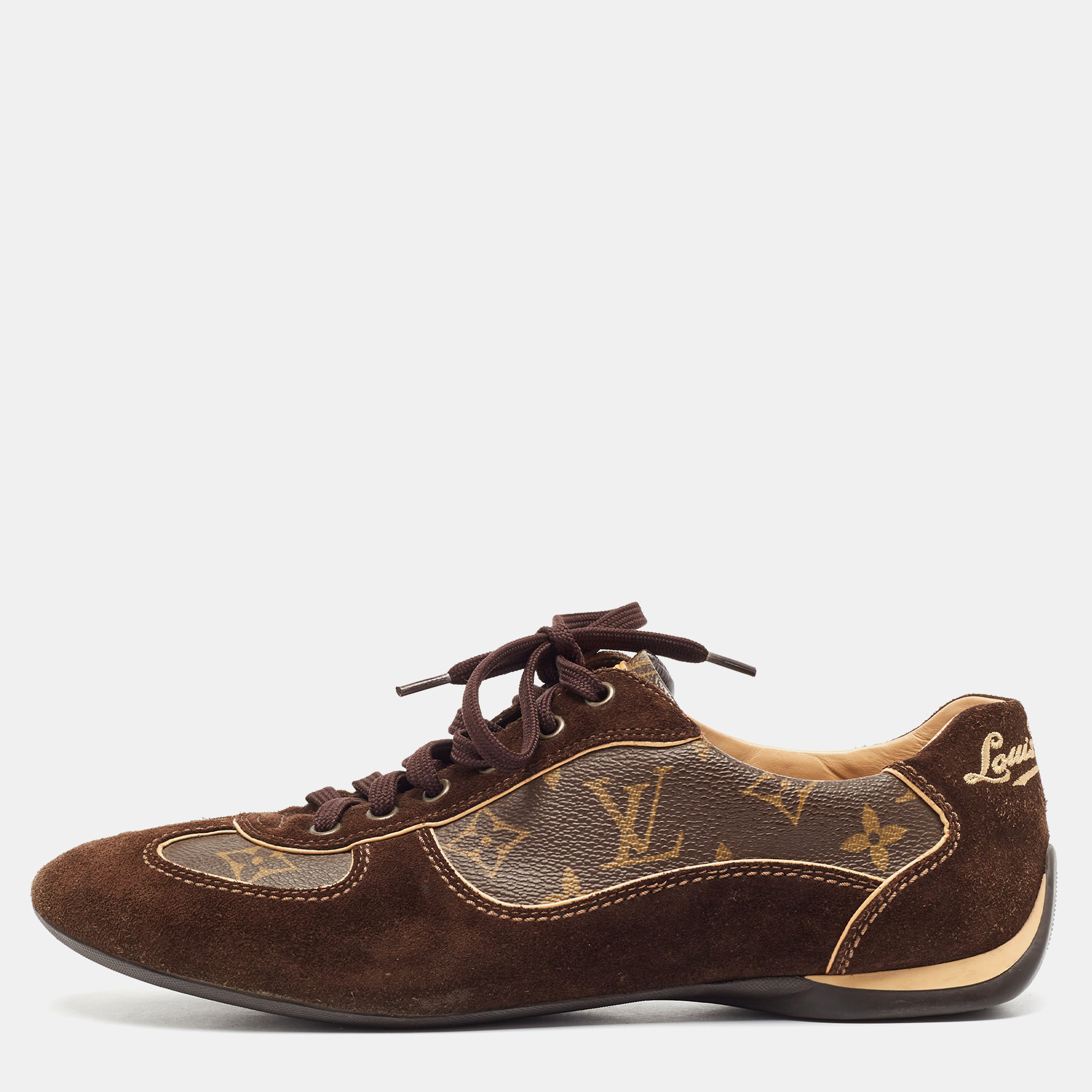 

Louis Vuitton Brown Monogram Canvas and Suede Lace Up Sneakers Size