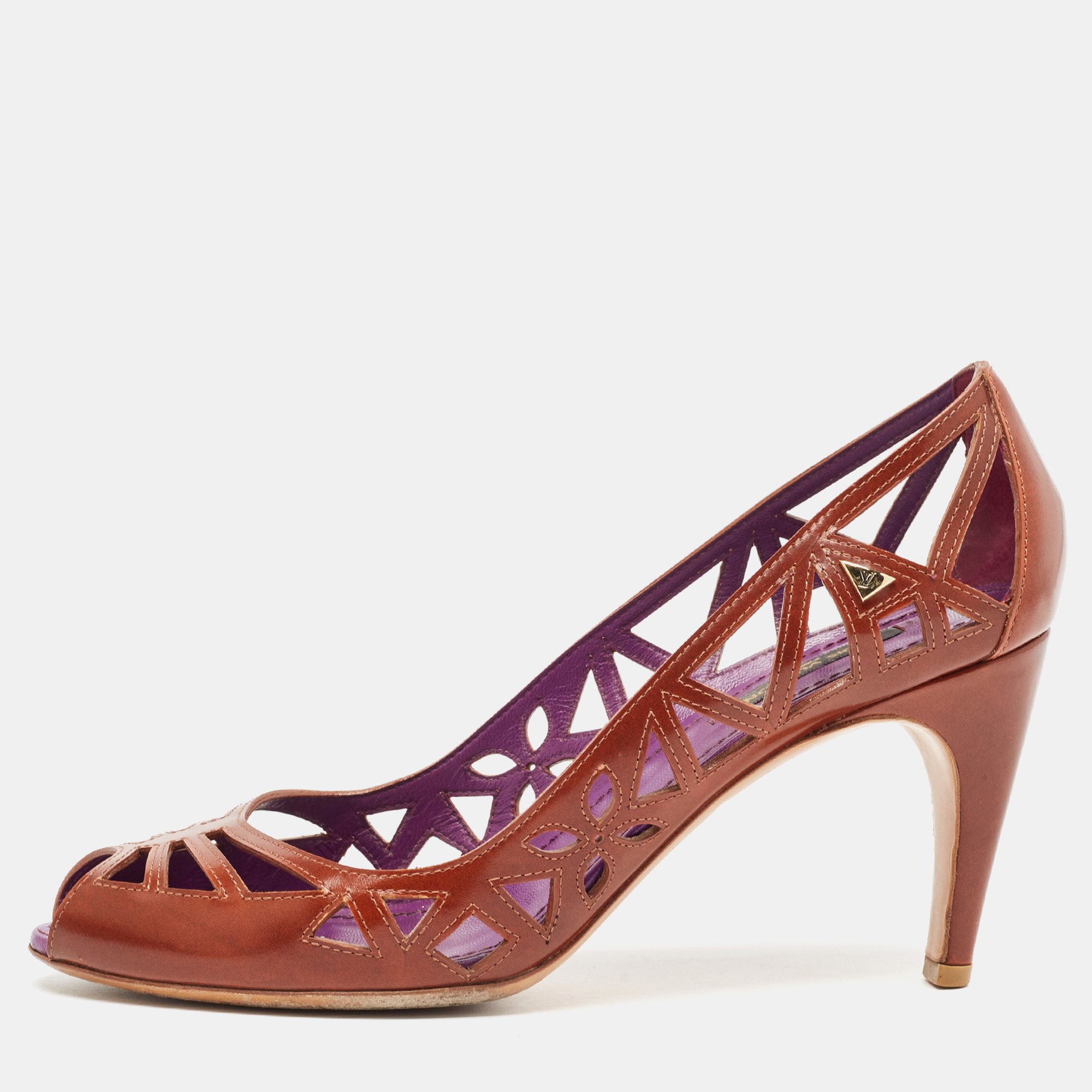 

Louis Vuitton Brown Leather Cutout Peep Toe Pumps Size