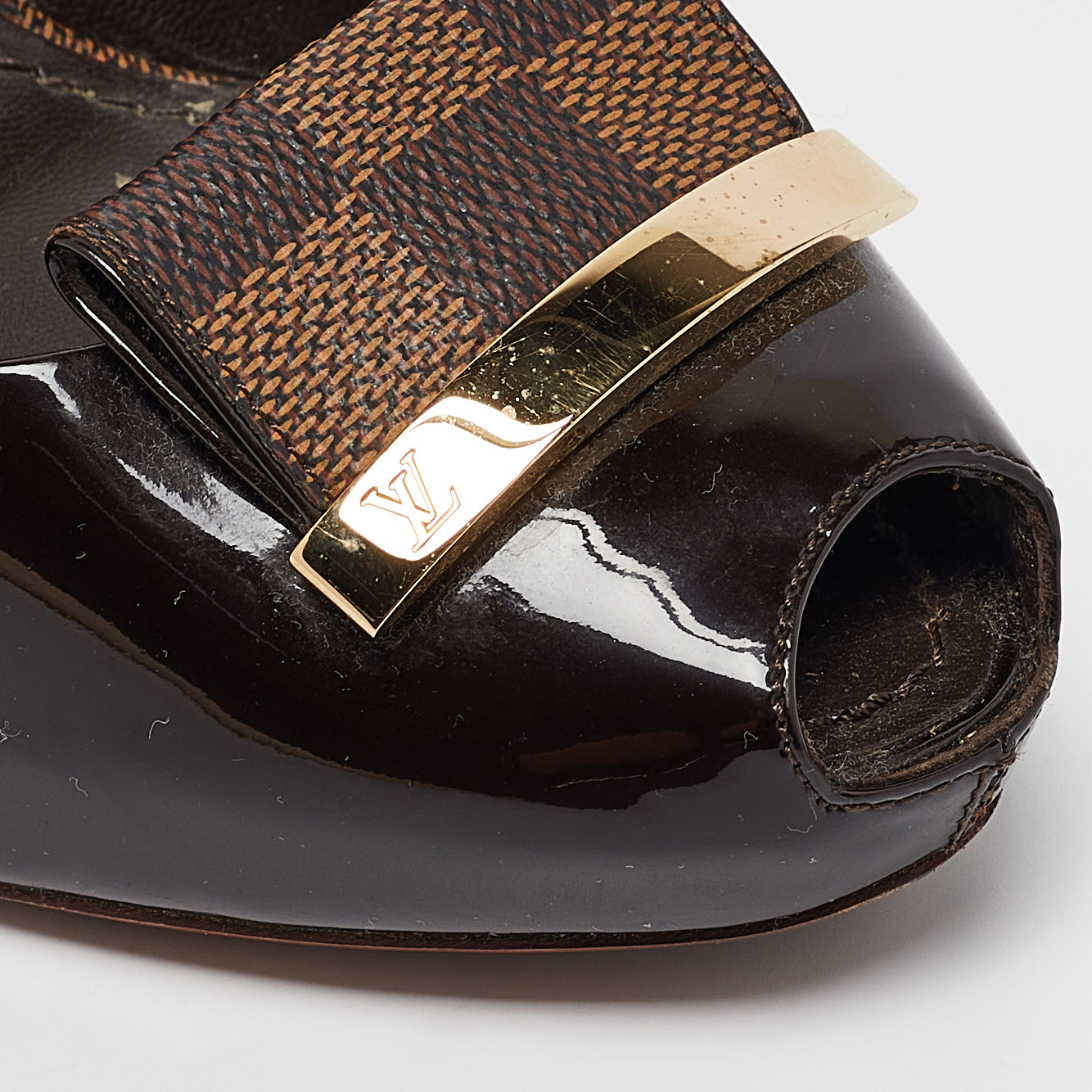 Louis Vuitton Dark Brown Patent Leather Peep Toe Pumps Size 36.5 