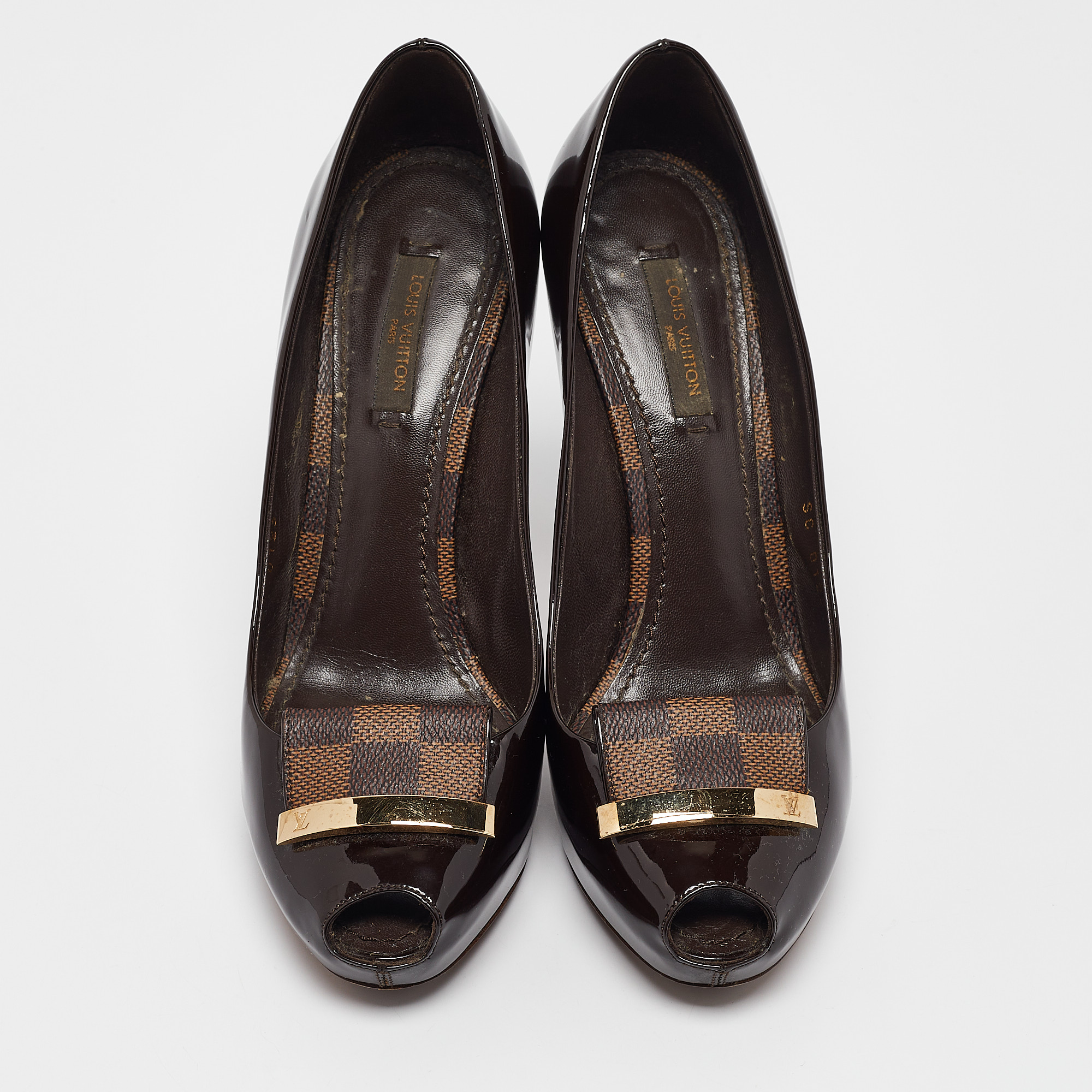 Louis Vuitton Dark Brown Patent Leather Peep Toe Pumps Size 36.5 