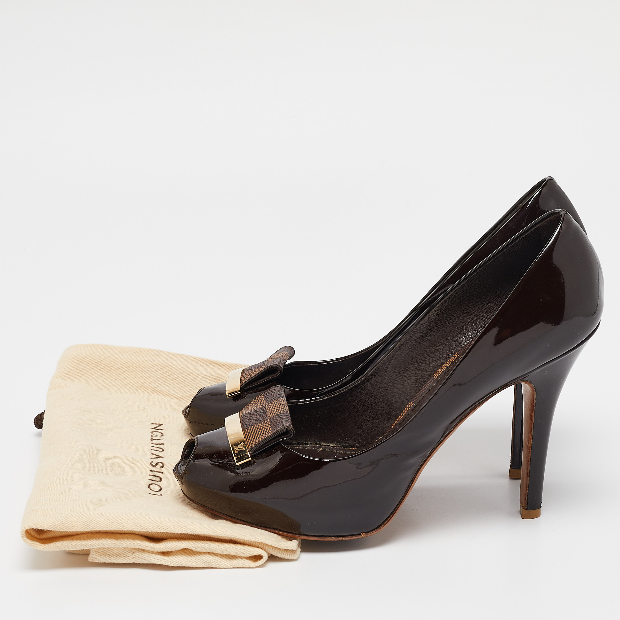 Louis Vuitton Dark Brown Patent Leather Peep Toe Pumps Size 36.5 