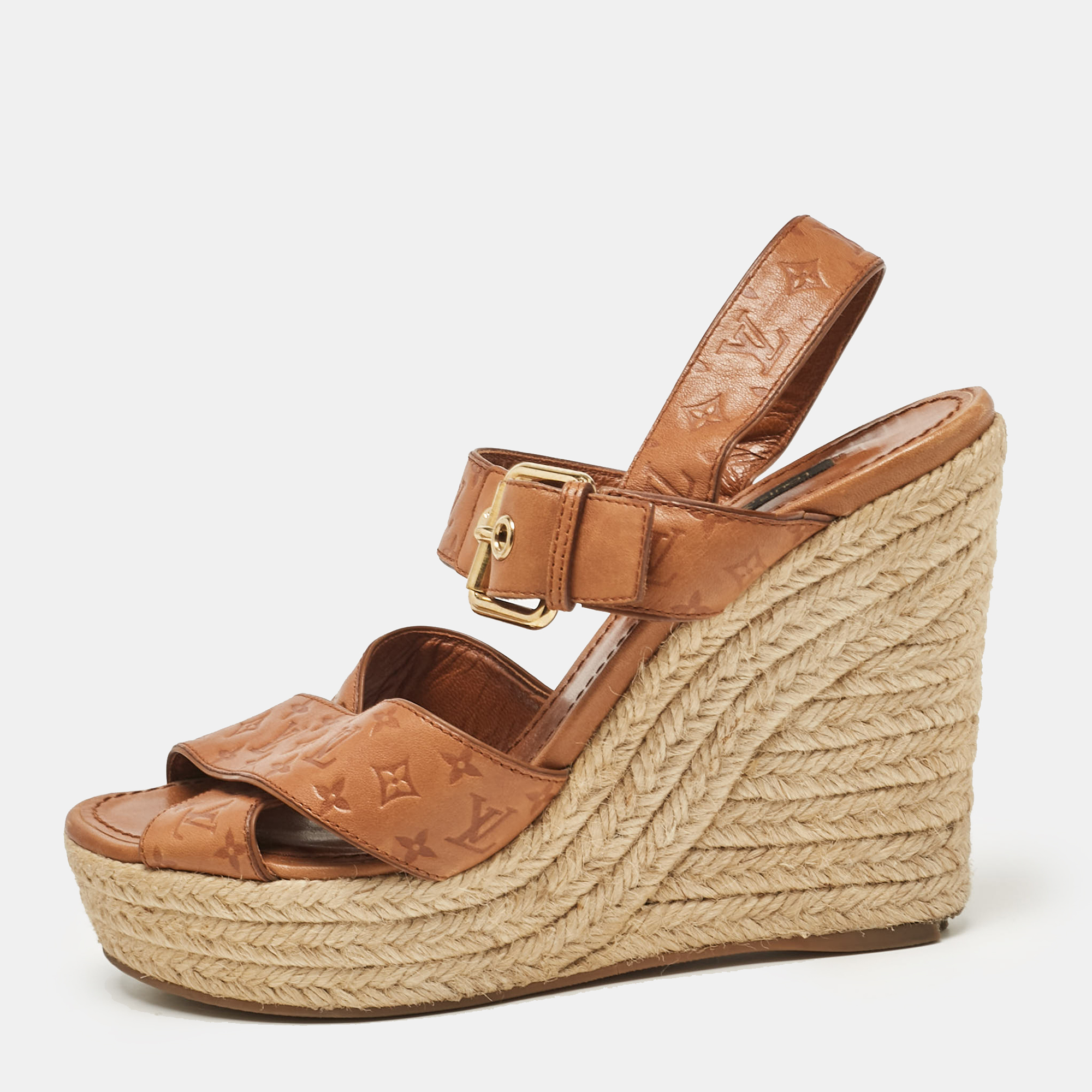 

Louis Vuitton Tan Monogram Embossed Leather Espadrille Wedge Sandals Size