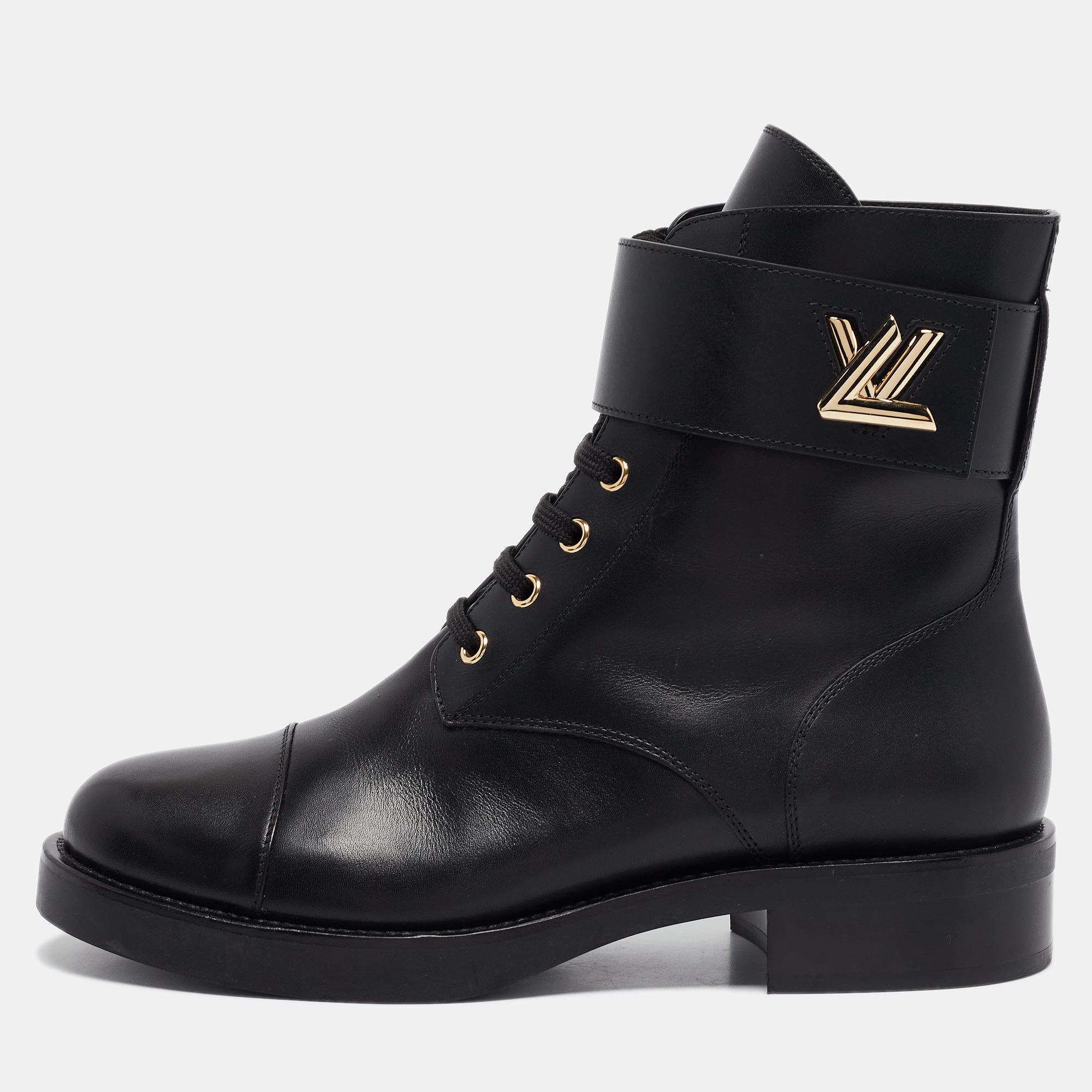 

Louis Vuitton Black Leather Wonderland Flat Ranger Combat Boots Size