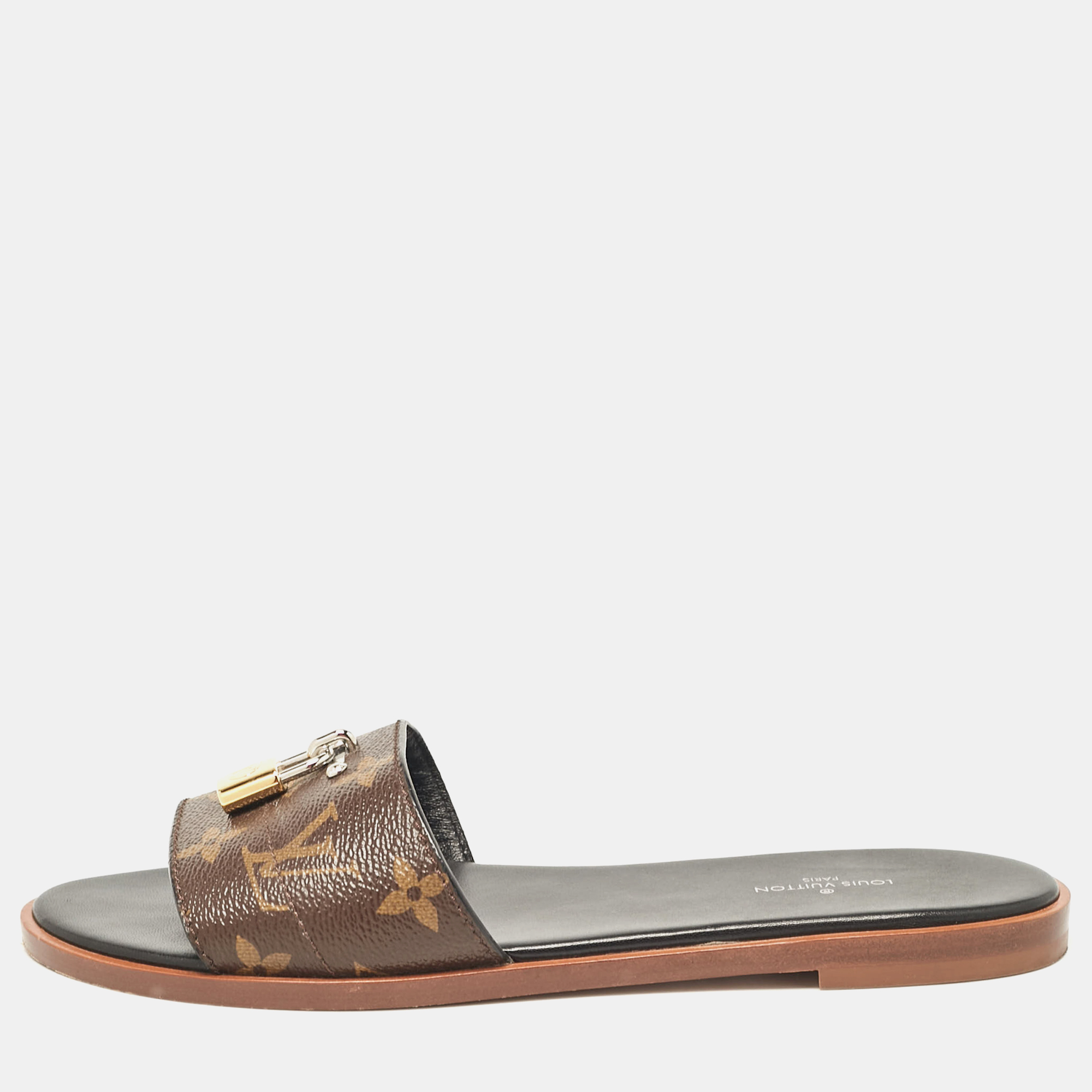 

Louis Vuitton Brown Monogram Canvas Lock It Flat Slides Size