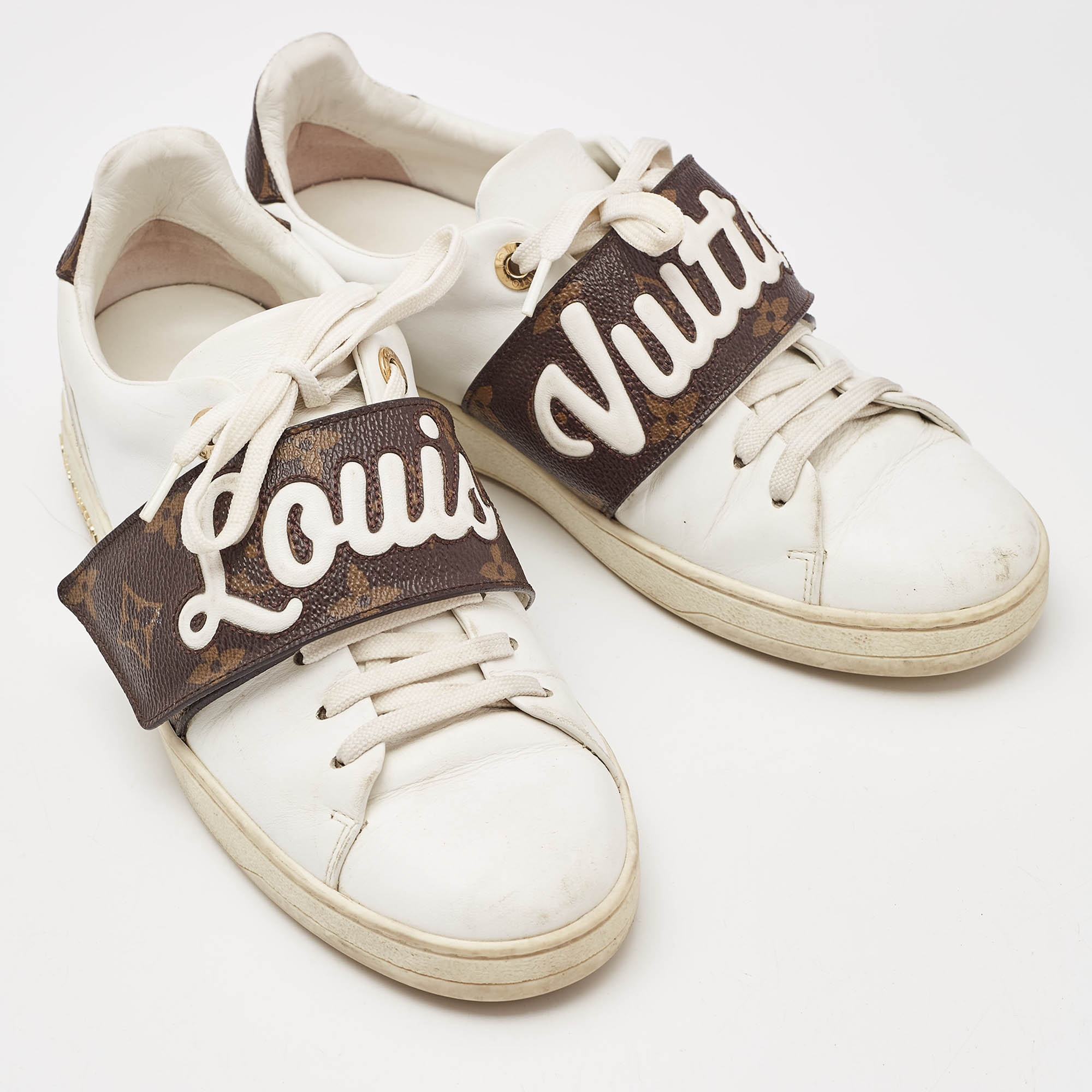Louis Vuitton White/Brown Monogram Canvas and Leather Frontrow Sneakers Size 36 