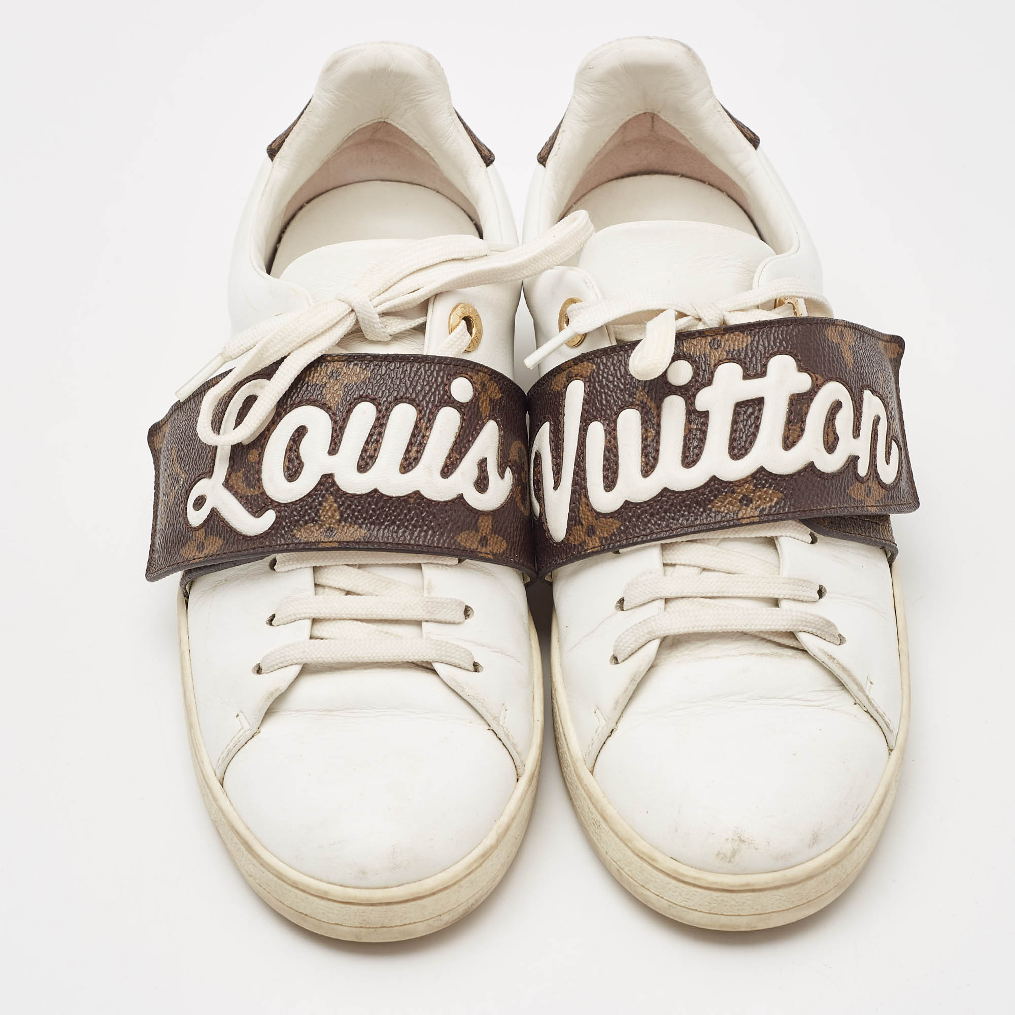 Louis Vuitton White/Brown Monogram Canvas and Leather Frontrow Sneakers Size 36 