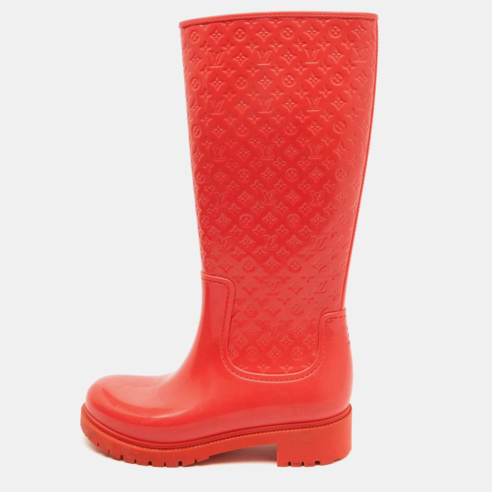 

Louis Vuitton Coral Orange Monogram Rubber Splash Rain Boots Size