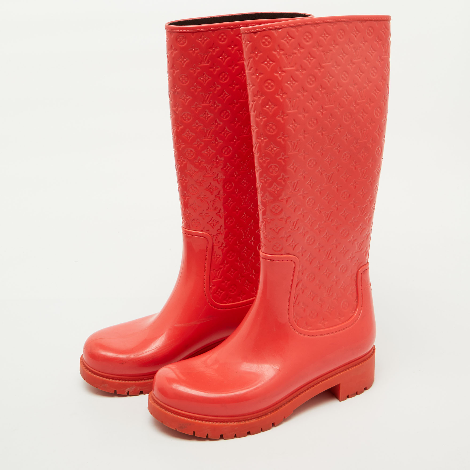 Louis Vuitton Coral Orange Monogram Rubber Splash Rain Boots Size 38 