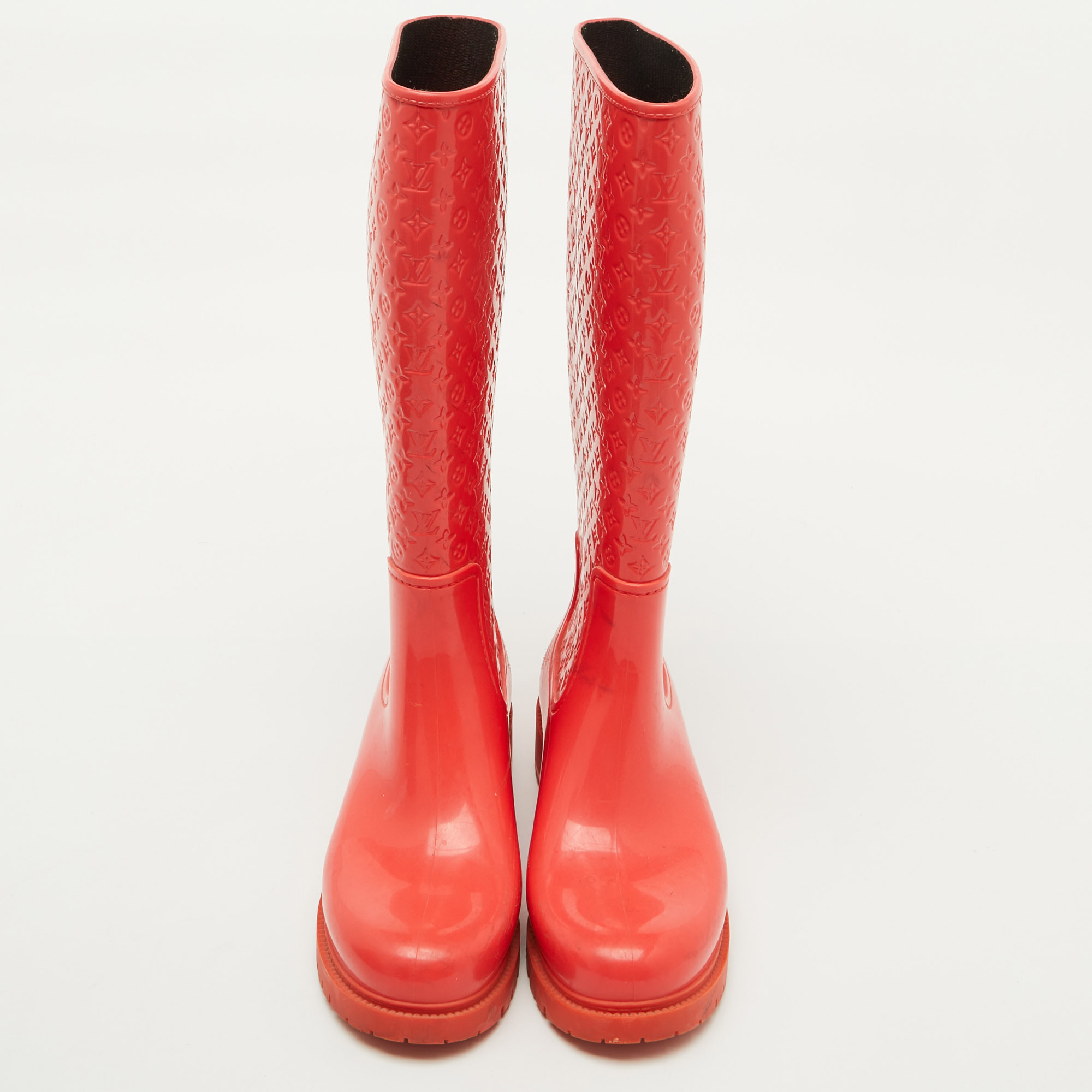 Louis Vuitton Coral Orange Monogram Rubber Splash Rain Boots Size 38 