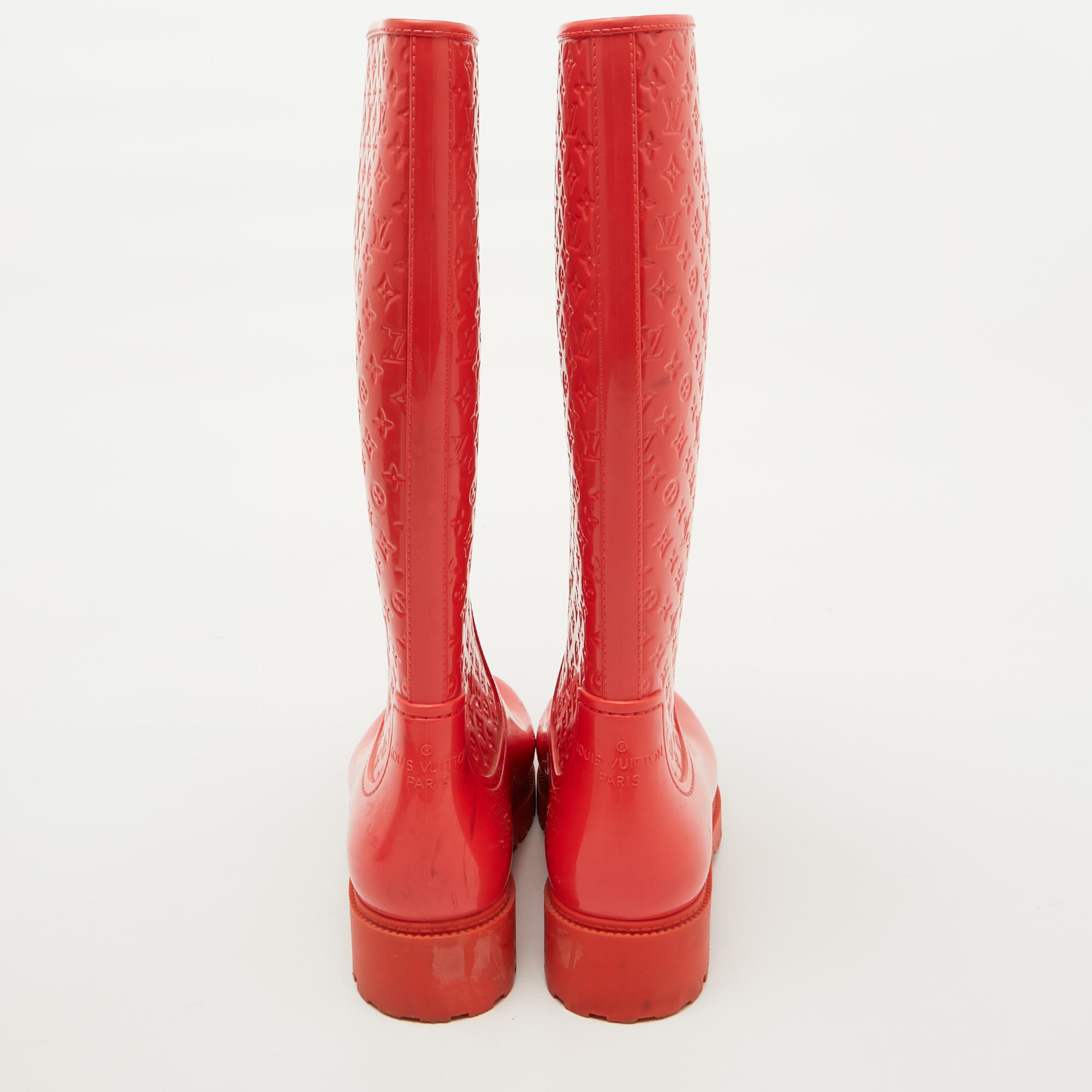 Louis Vuitton Coral Orange Monogram Rubber Splash Rain Boots Size 38 