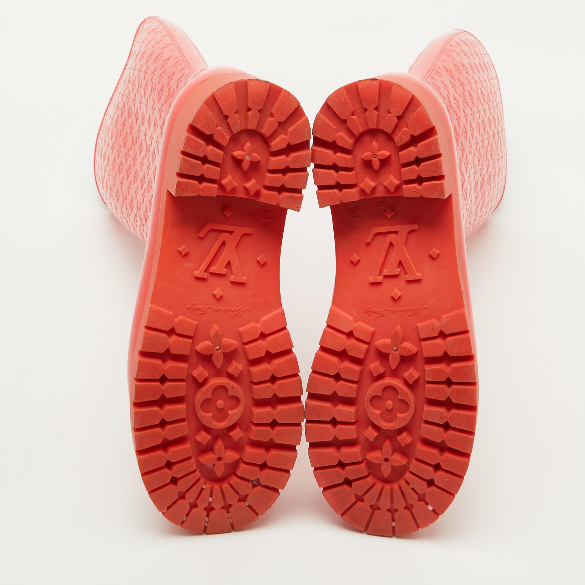 Louis Vuitton Coral Orange Monogram Rubber Splash Rain Boots Size 38 