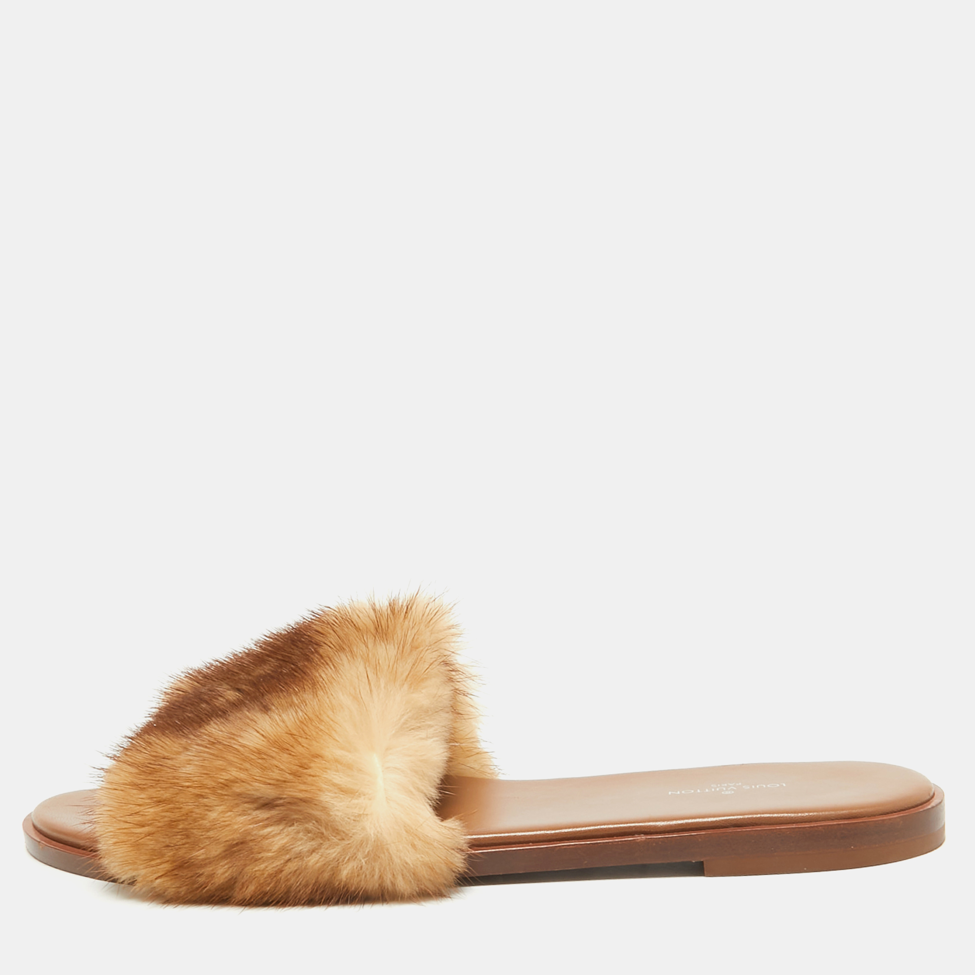 

Louis Vuitton Brown/Beige Mink Fur Lock It Flat Slides Size