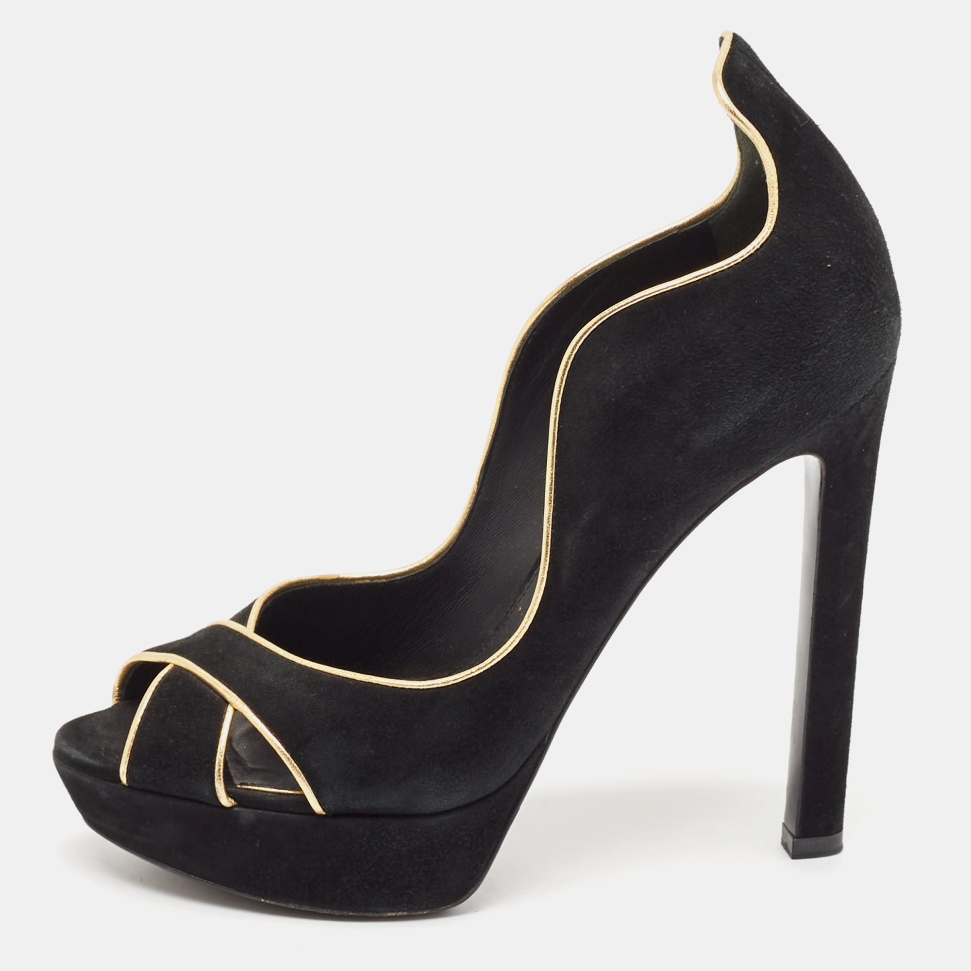 

Louis Vuitton Black/Gold Suede Crisscross Peep Toe Pump Size