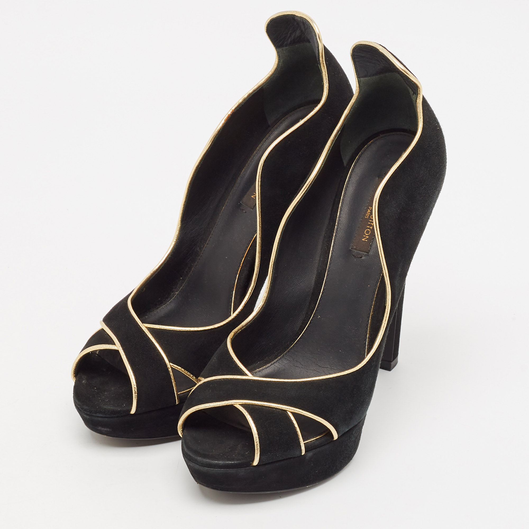 Louis Vuitton Black/Gold Suede Crisscross Peep Toe Pump Size 37.5 