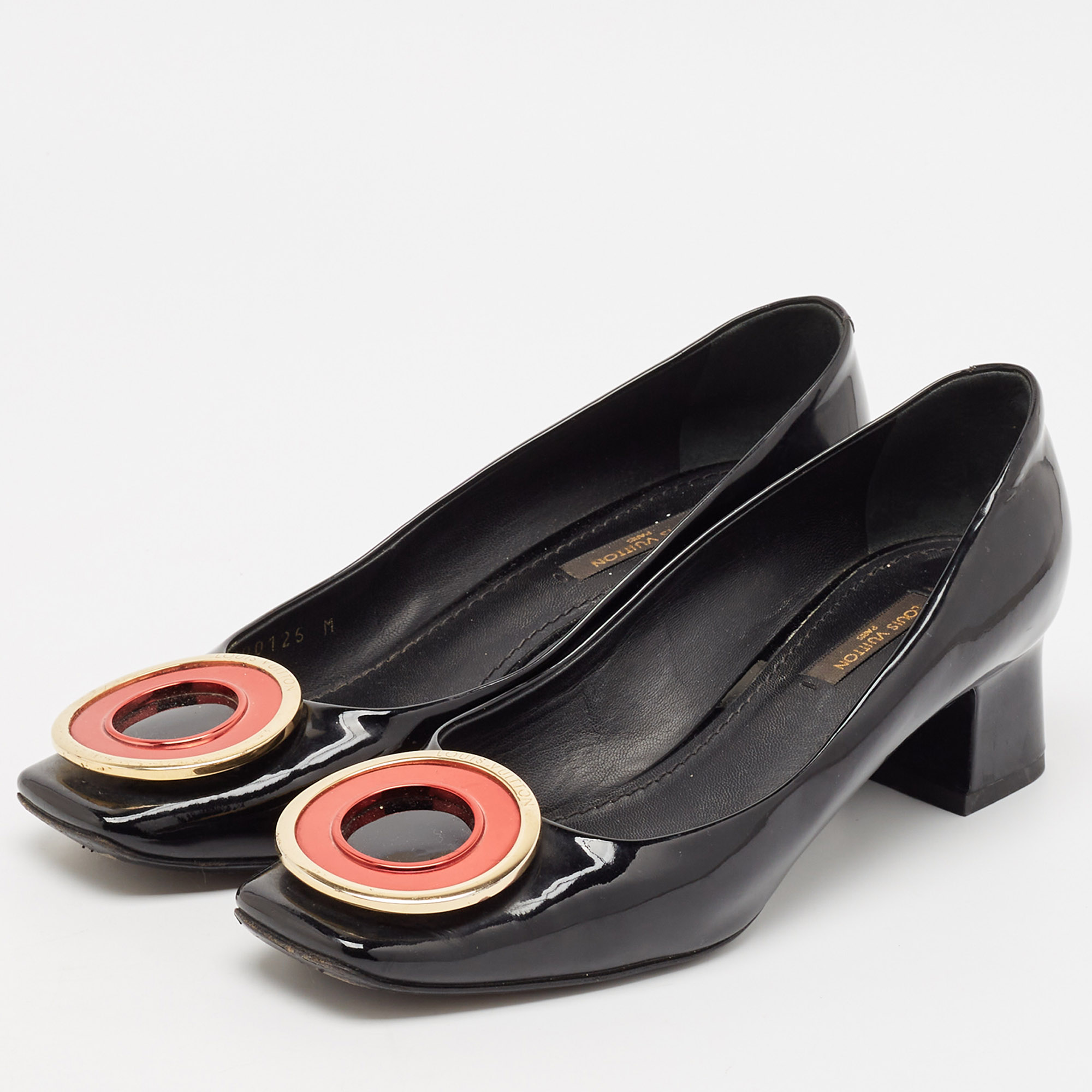Louis Vuitton Black Patent Leather Block Heel Pumps Size 37 
