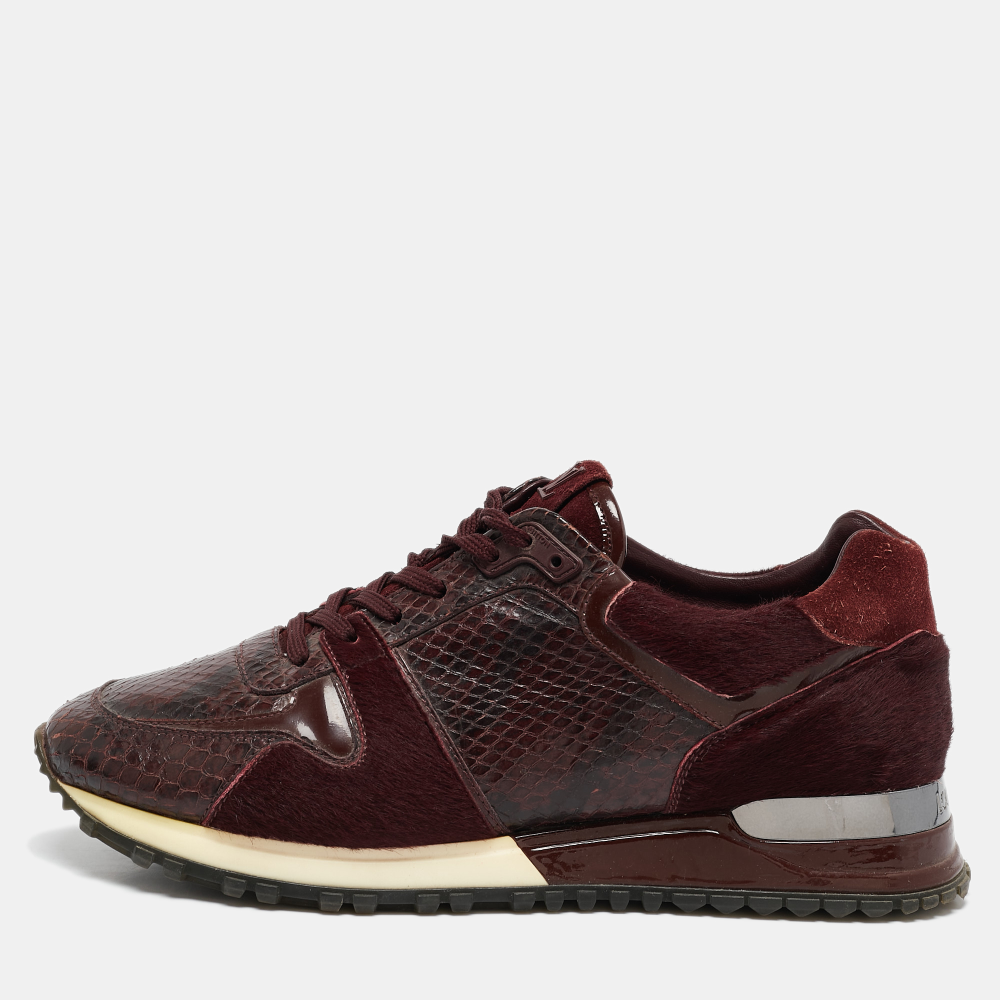 

Louis Vuitton Burgundy Calf Hair and Python Leather Run Away Lace Up Sneakers Size