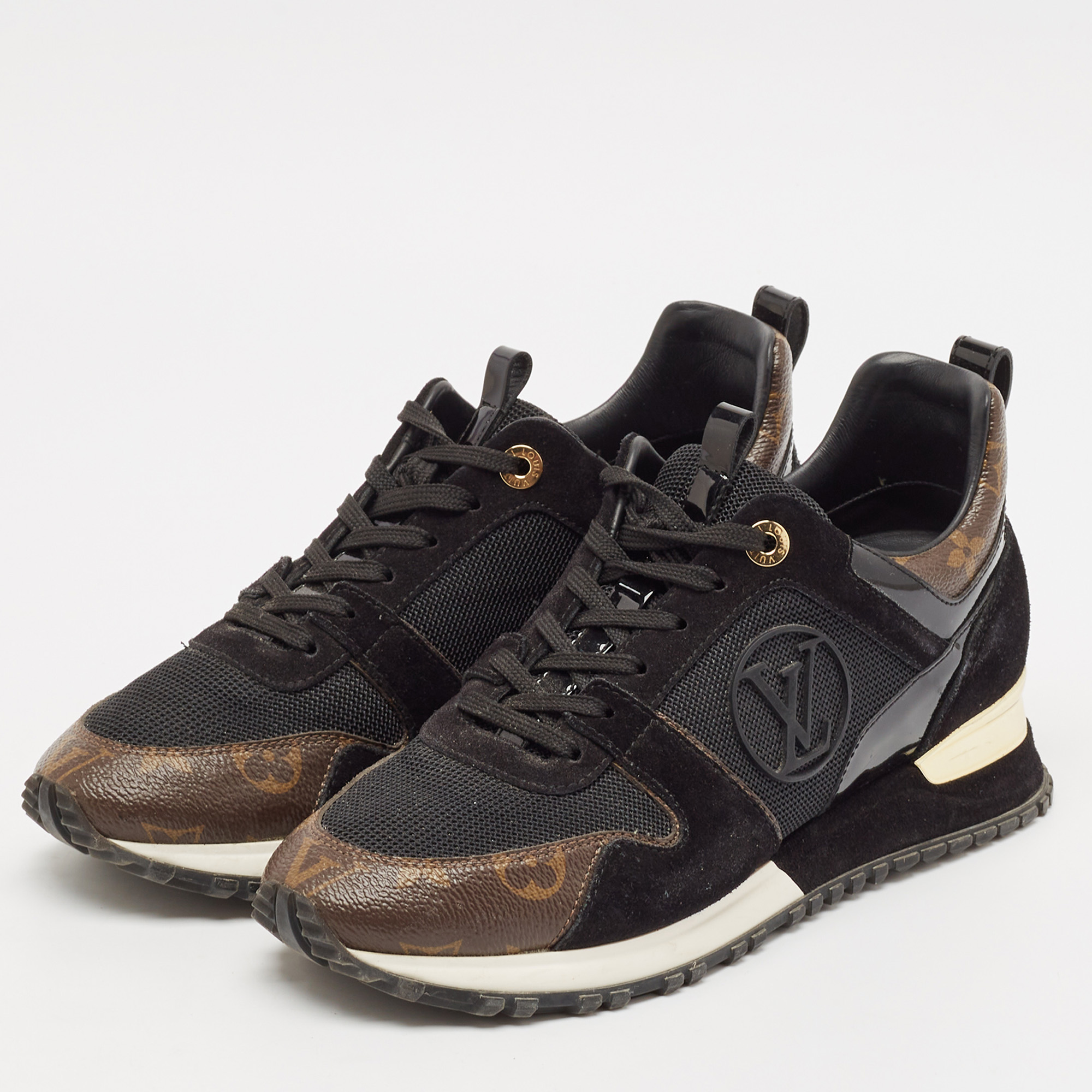Louis Vuitton Black/Brown Mesh and Monogram Canvas Run Away Sneakers Size 38.5 