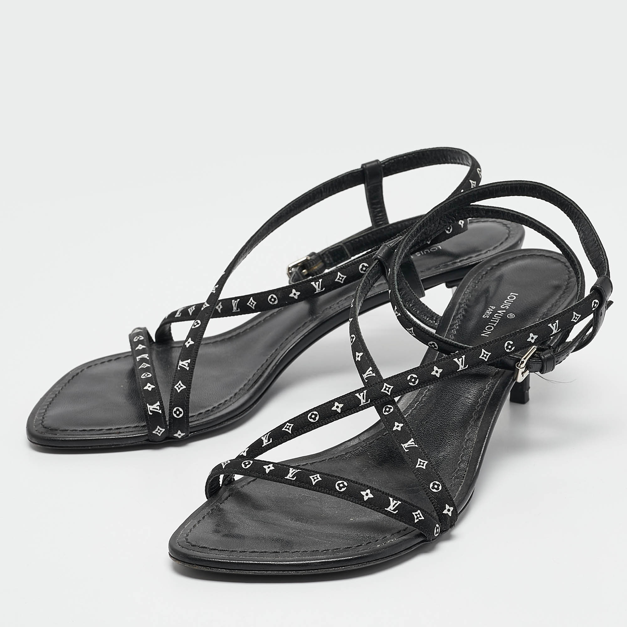 Louis Vuitton Black Canvas and Leather Ankle Strap Sandals Size 36.5 