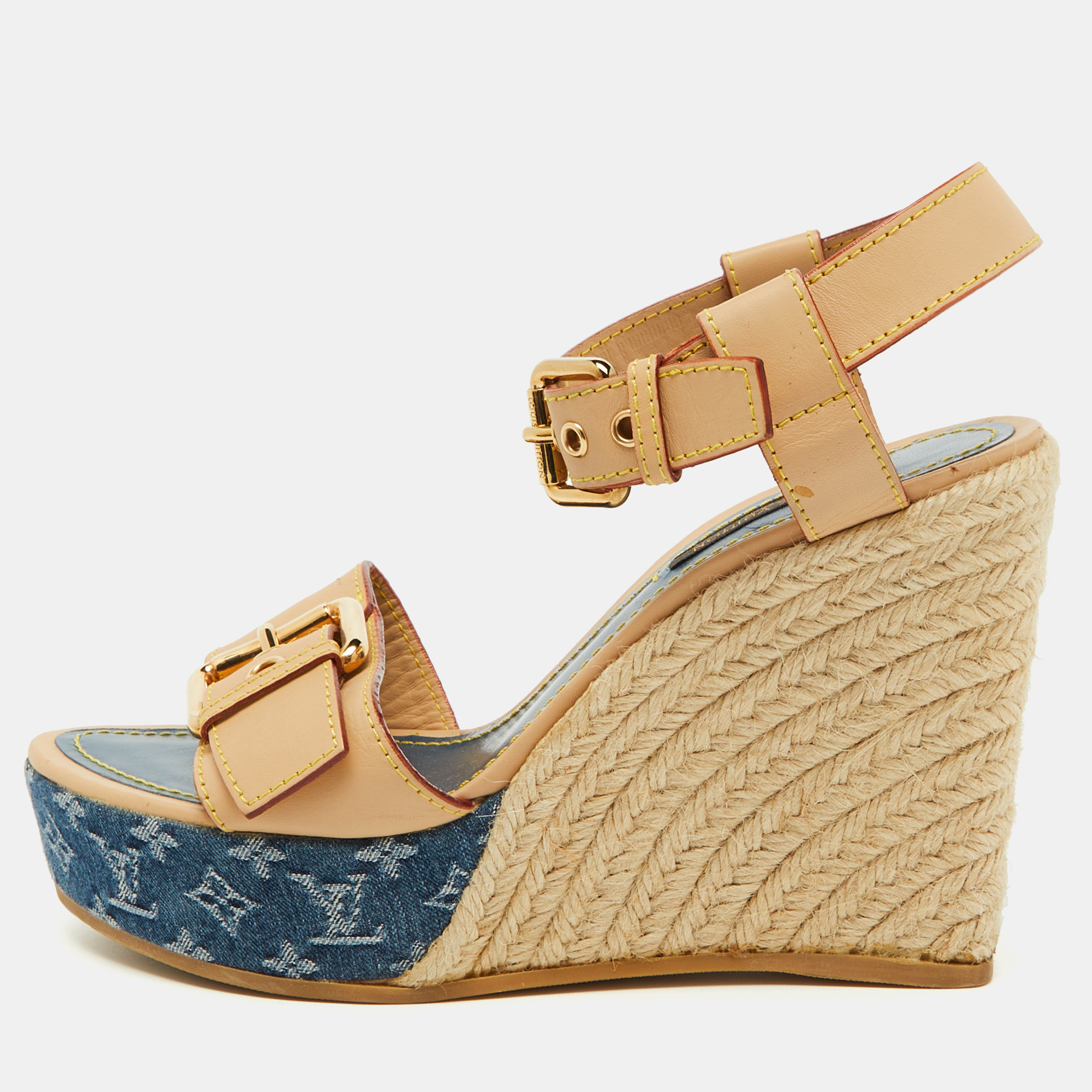 

Louis Vuitton Beige/Blue Leather and Monogram Denim Espadrille Wedge Sandals Size