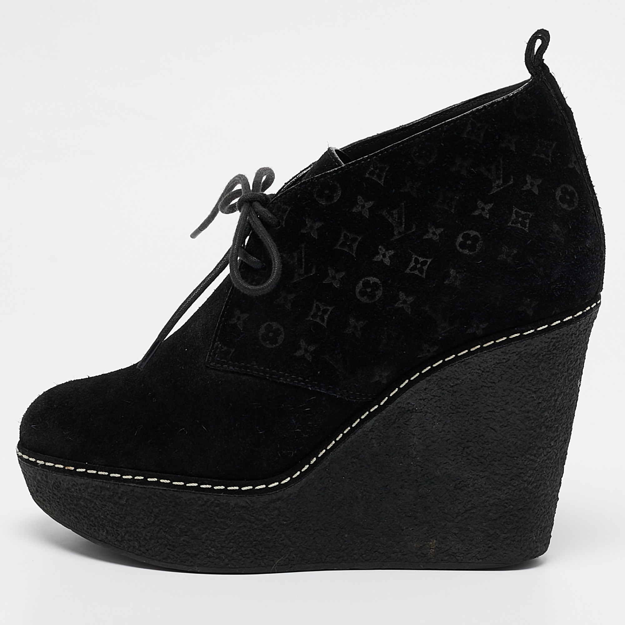 

Louis Vuitton Black Monogram Suede Wedge Ankle Boots Size