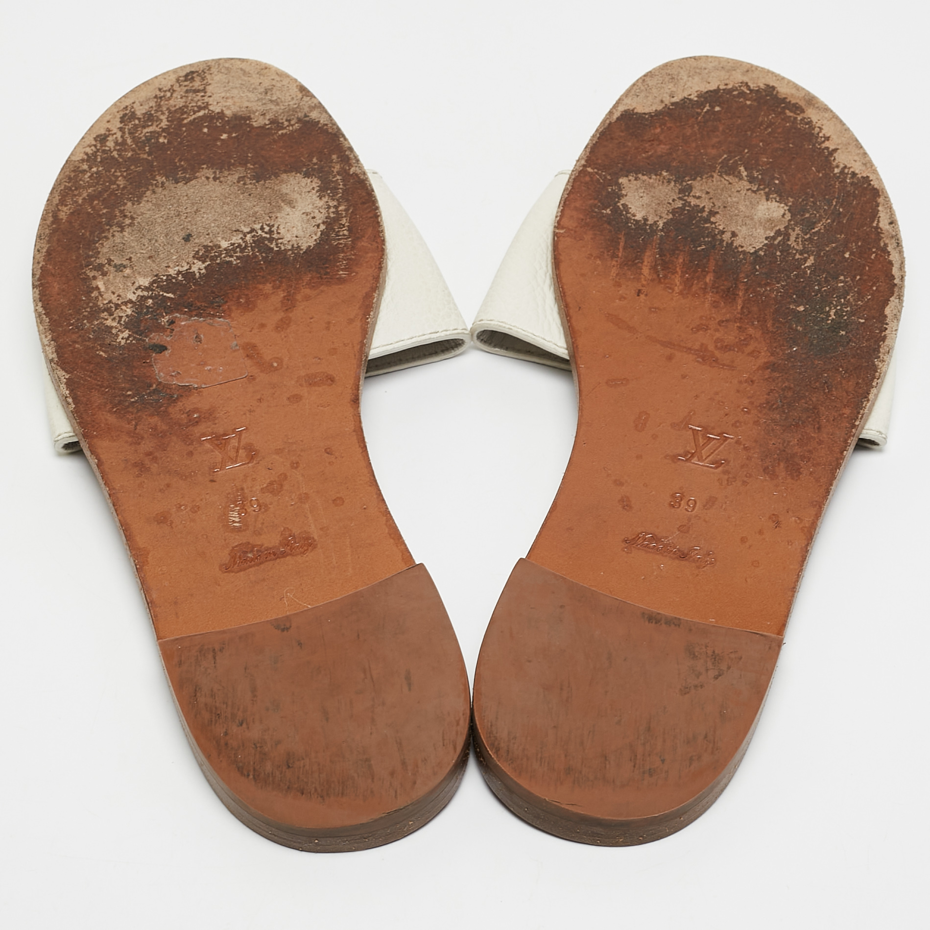 Louis Vuitton White Leather Lock It Flat Slides Size 39 