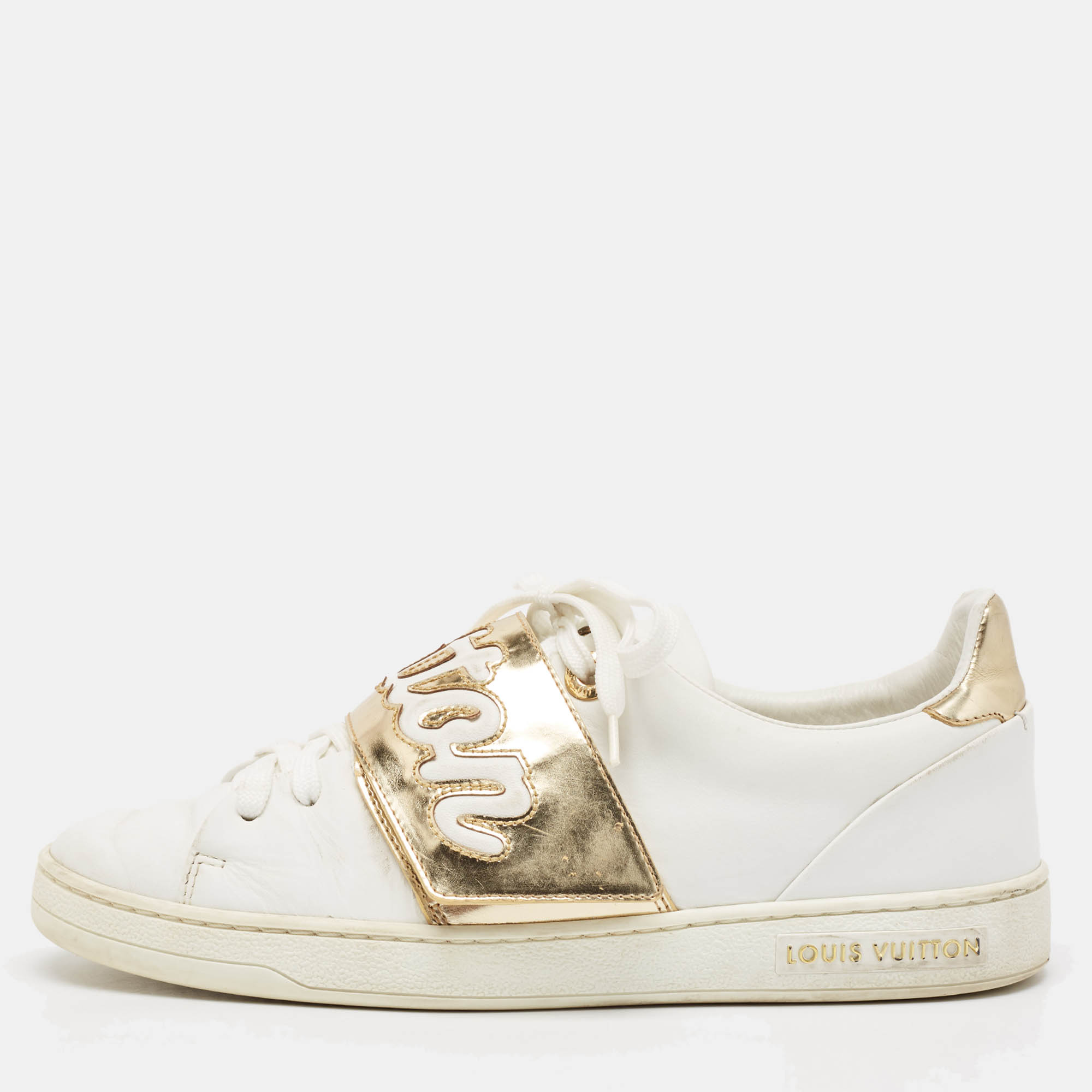 

Louis Vuitton White/Gold Leather Frontrow Sneakers Size