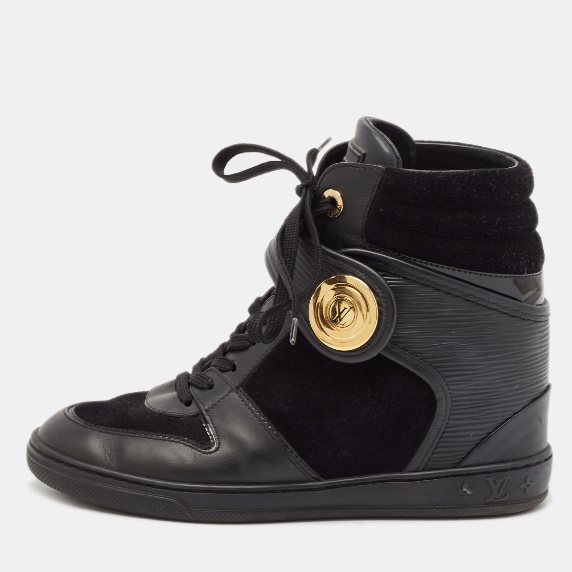 

Louis Vuitton Black Epi Leather And Suede Wedge High Top Sneakers Size