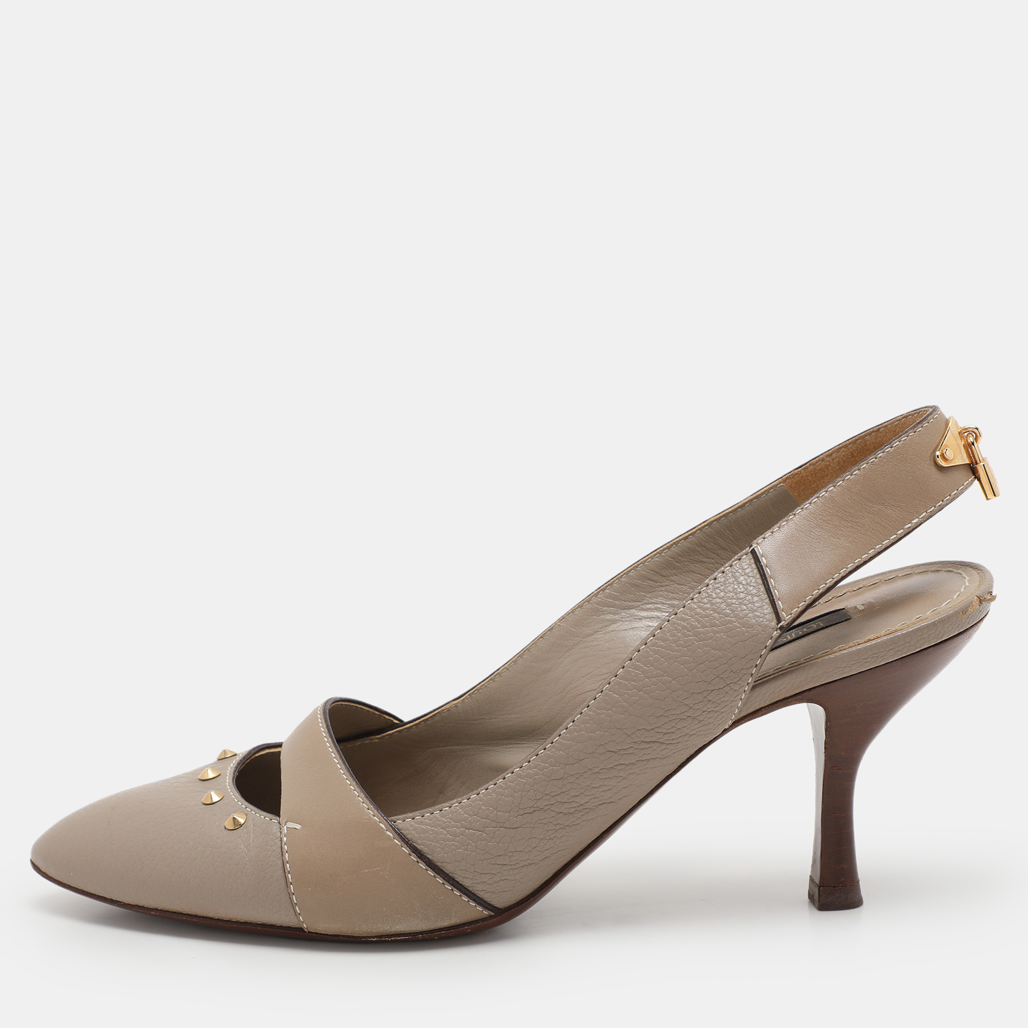 

Louis Vuitton Taupe Grey Leather Lock Slingback Pumps 38