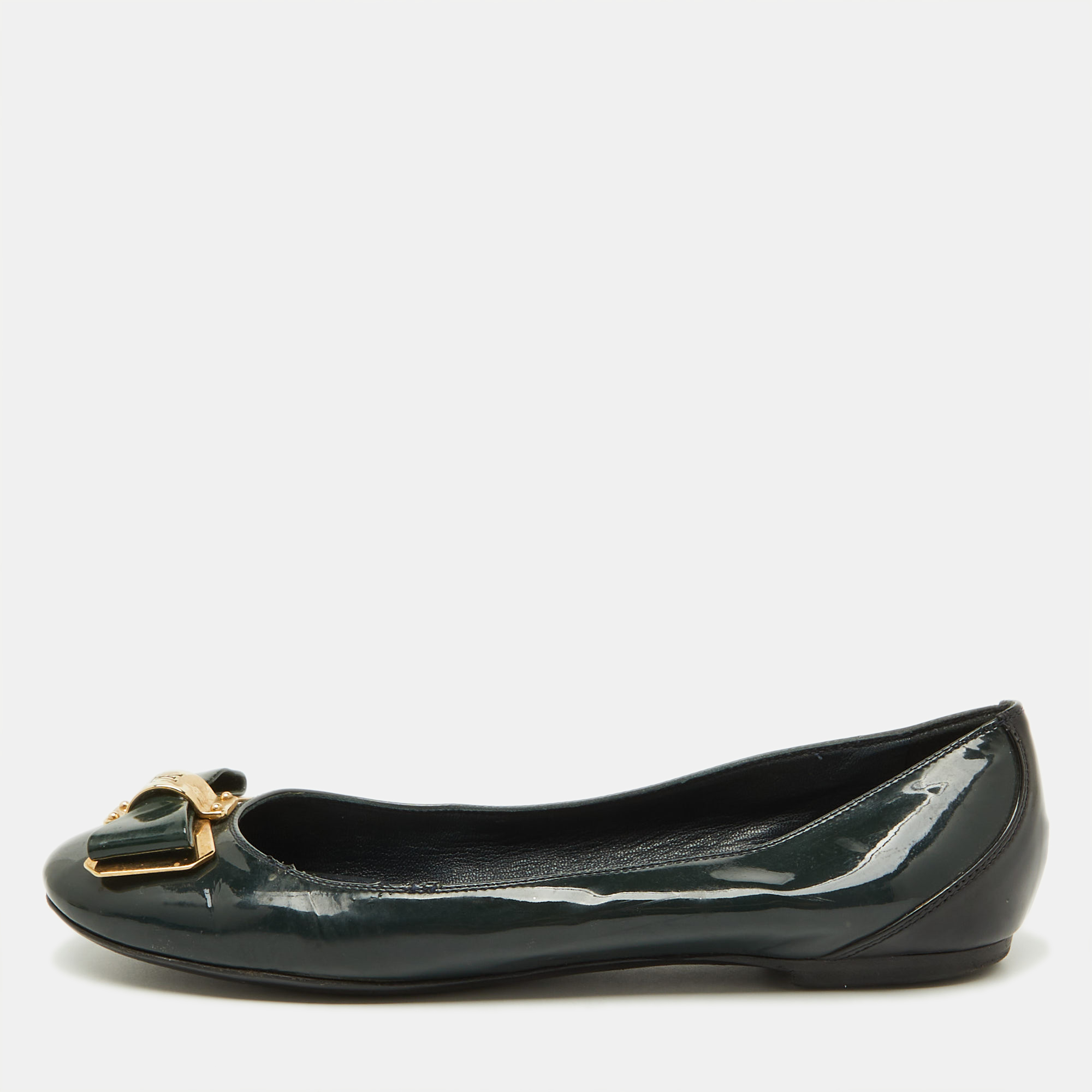 

Louis Vuitton Dark Green/Black Patent Leather Bow Ballet Flats Size