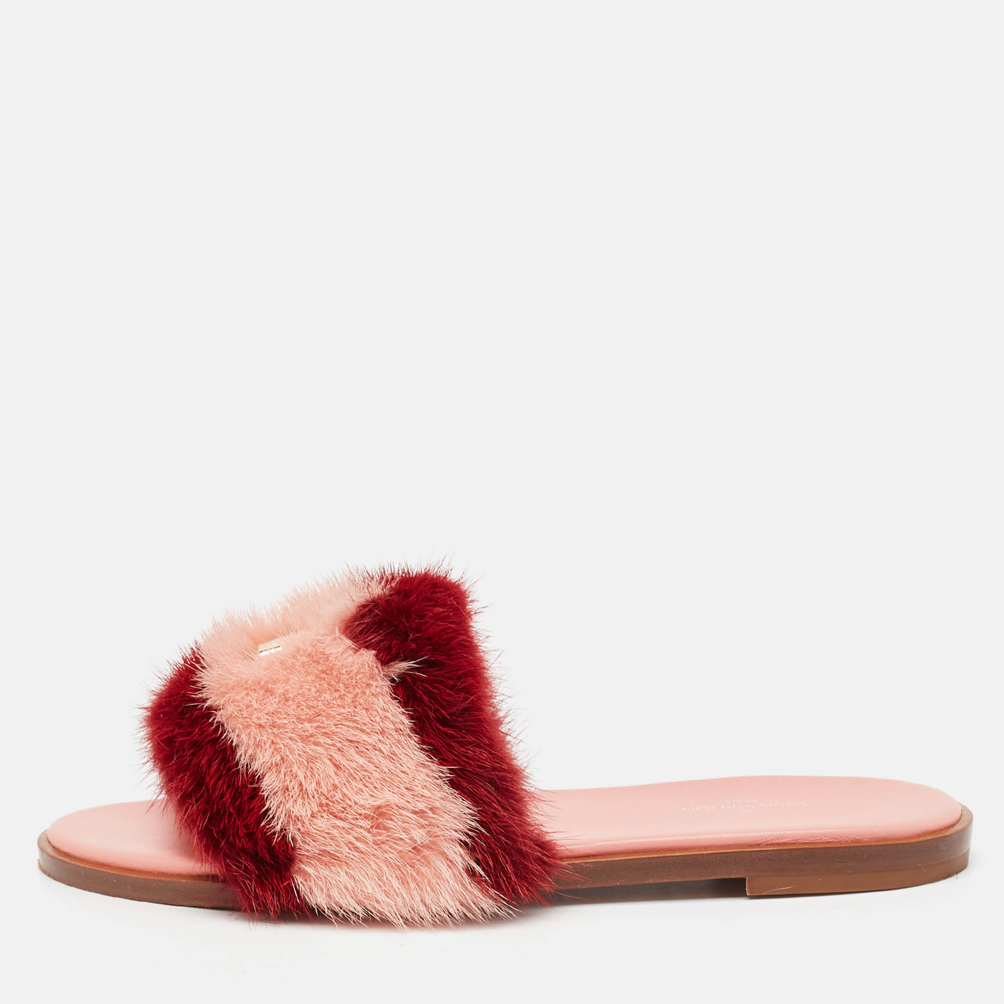 

Louis Vuitton Pink/Red Mink Fur Lock It Flat Slide Sandals Size