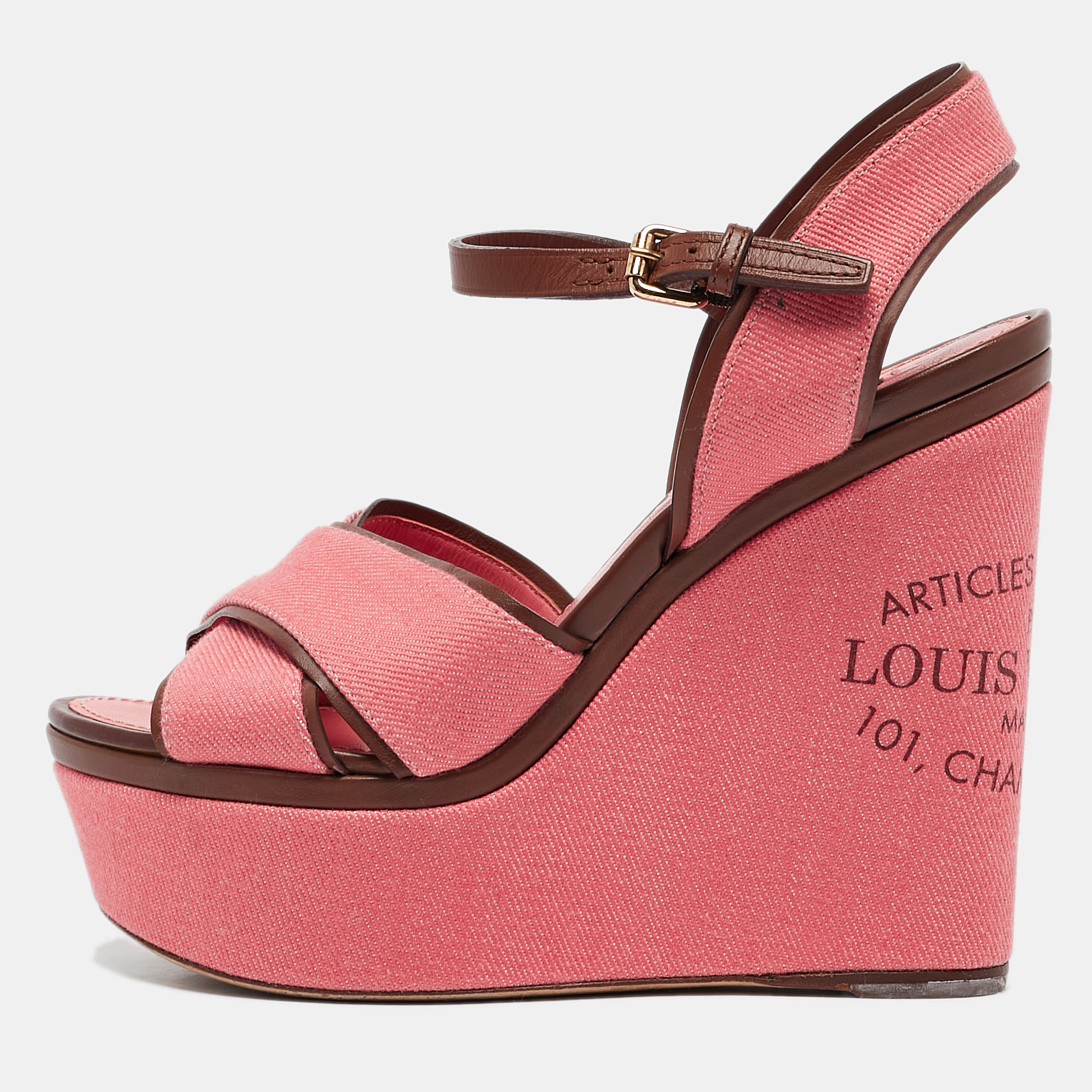 

Louis Vuitton Pink Denim and Leather Articles De Voyage Wedge Sandals Size