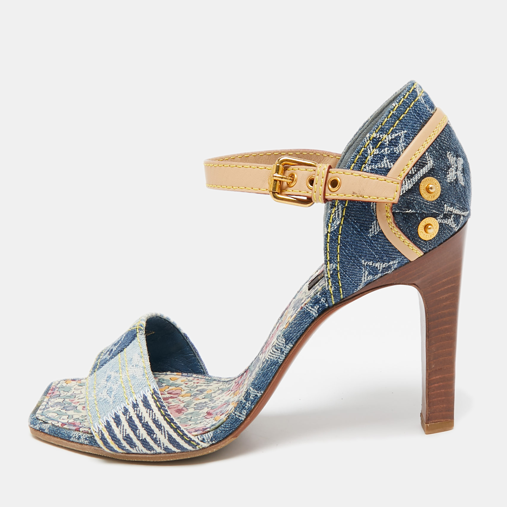 

Louis Vuitton Blue Denim And Leather Trim Patchwork Ankle Strap Sandals Size