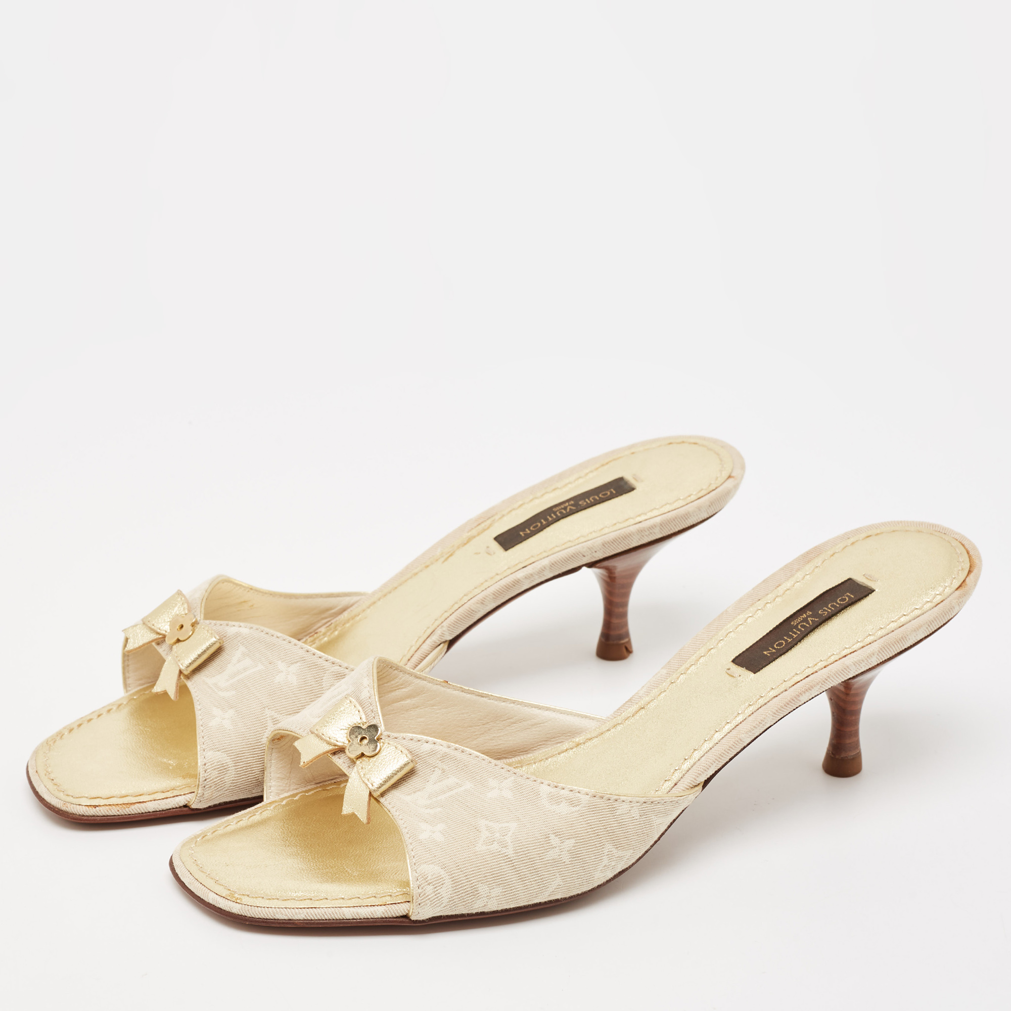 Louis Vuitton Two Tone Mini Lin Canvas Bow Slide Sandals Size 37 