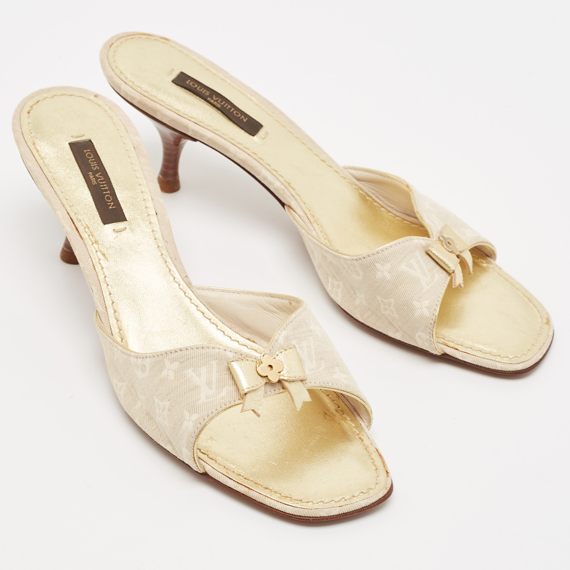 Louis Vuitton Two Tone Mini Lin Canvas Bow Slide Sandals Size 37 