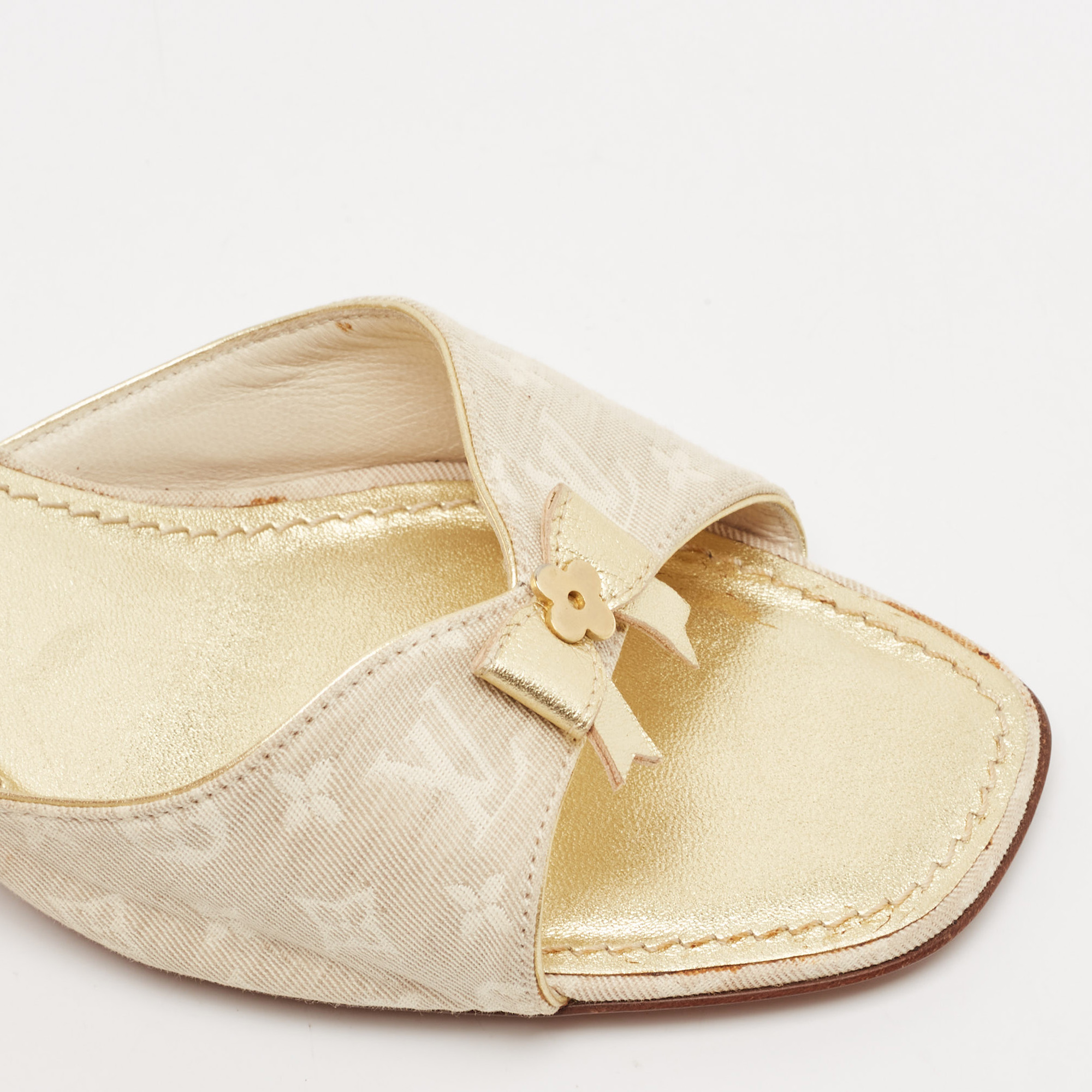 Louis Vuitton Two Tone Mini Lin Canvas Bow Slide Sandals Size 37 