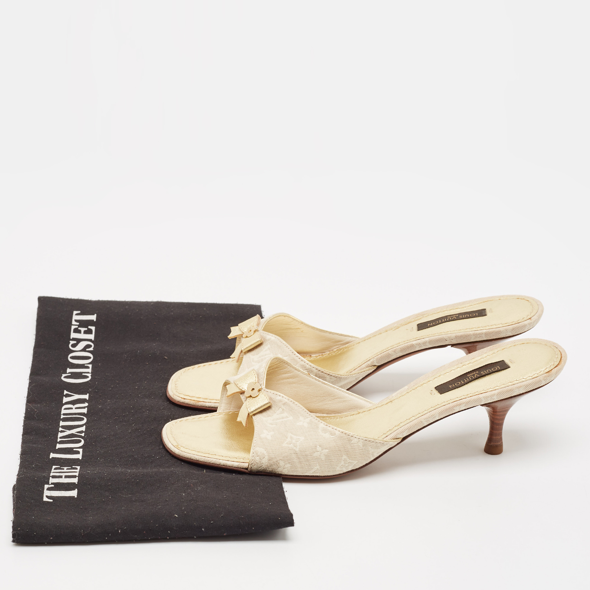 Louis Vuitton Two Tone Mini Lin Canvas Bow Slide Sandals Size 37 