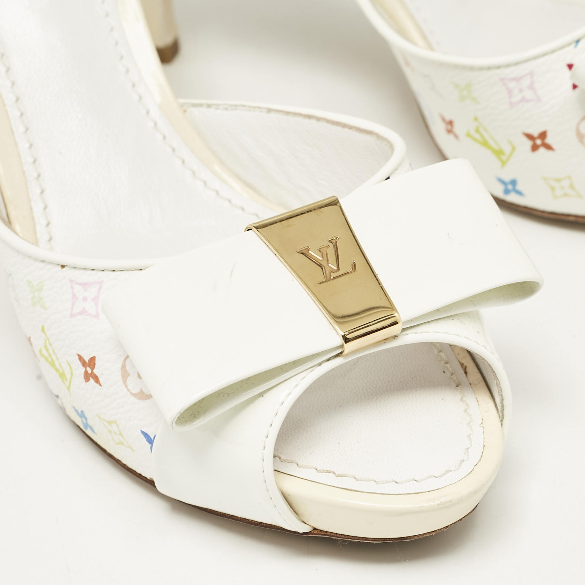 Louis Vuitton White Multicolore Monogram Canvas and Patent Leather Slide Sandals Size 37 