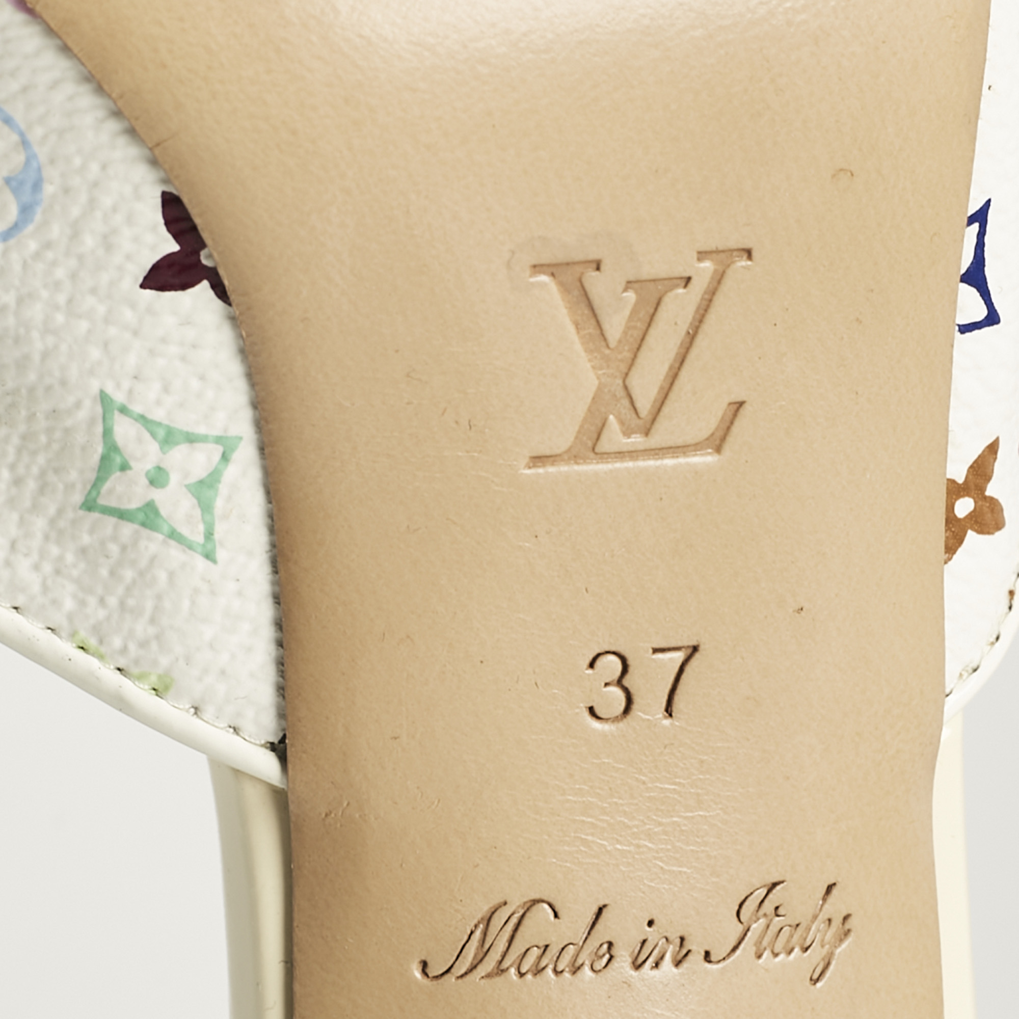 Louis Vuitton White Multicolore Monogram Canvas and Patent Leather Slide Sandals Size 37 