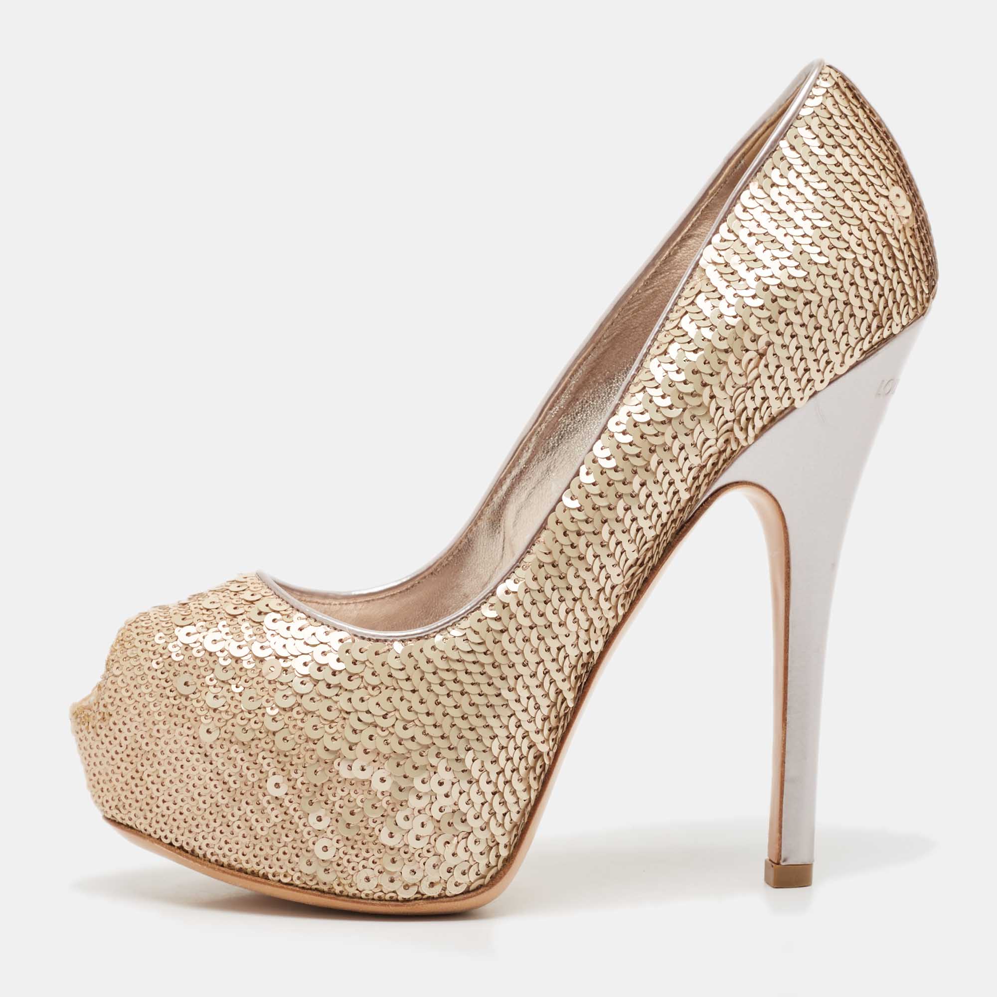 

Louis Vuitton Beige Leather and Sequins Peep Toe Pumps Size