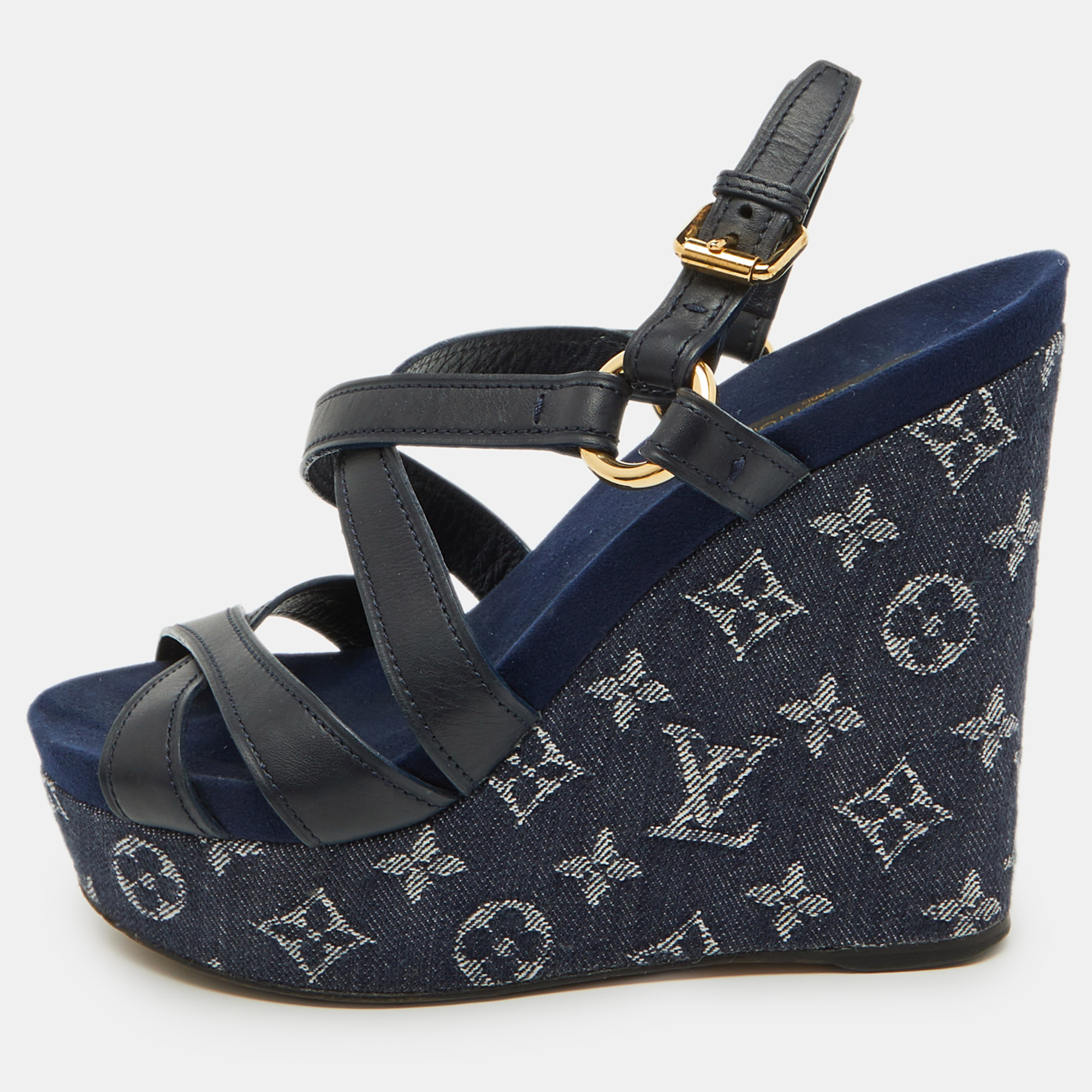 

Louis Vuitton Navy Blue Leather and Monogram Denim Ocean Wedge Sandals Size