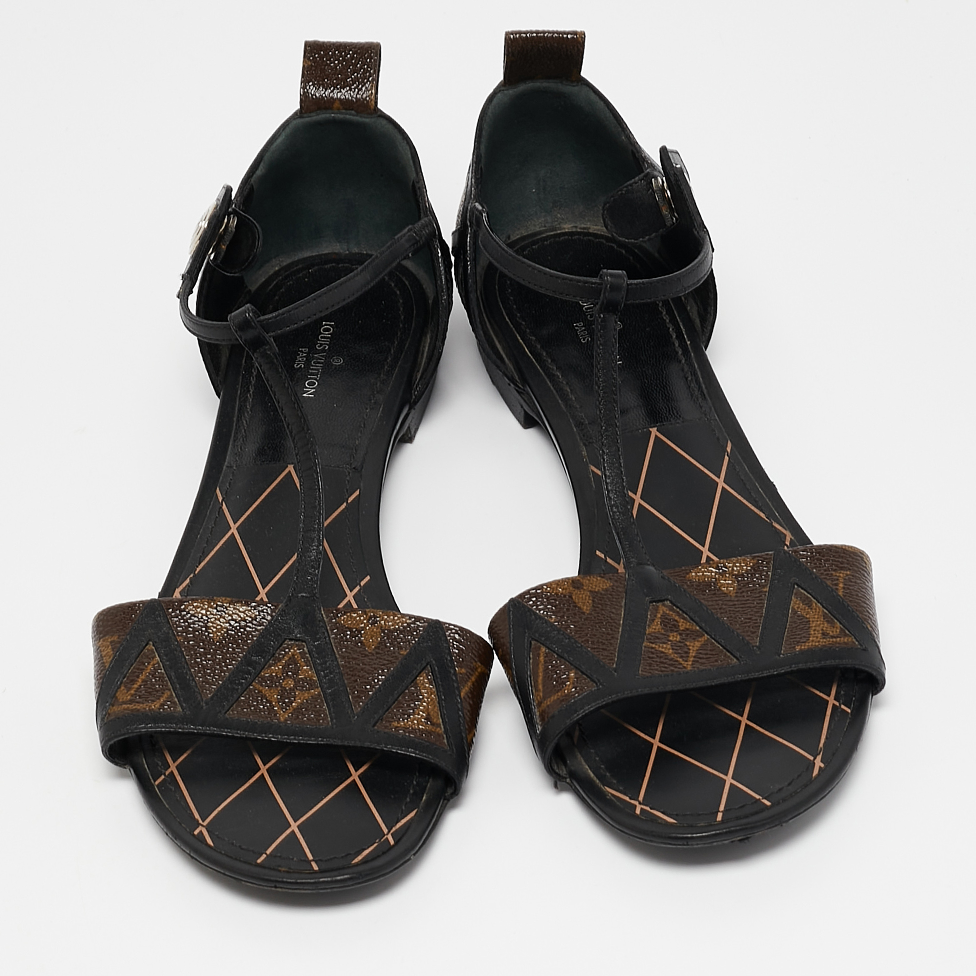 Louis Vuitton Brown Monogram Canvas and Leather Flat Sandals Size 38.5 