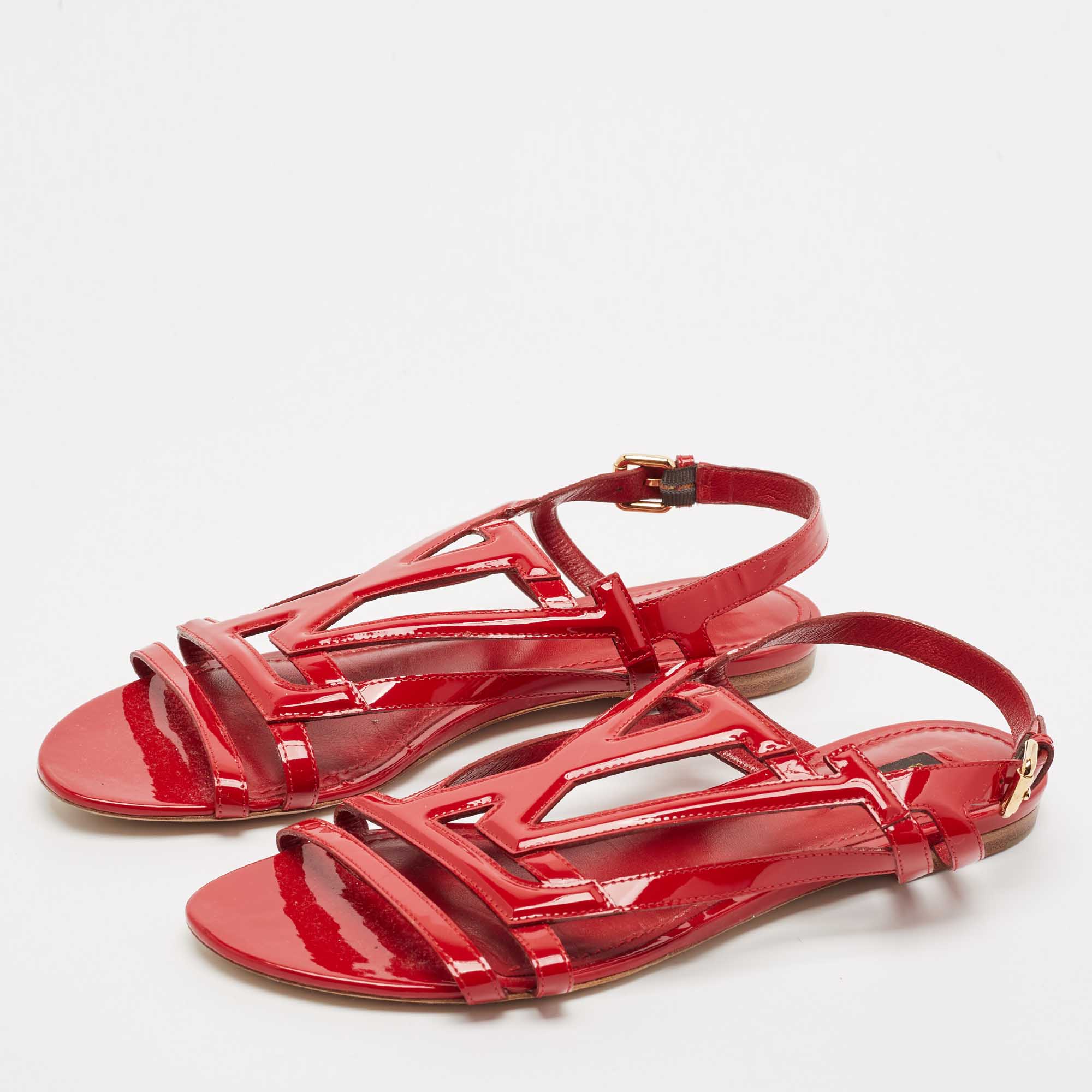 Louis Vuitton Red Patent Leather Slingback Flat Sandals Size 39.5 