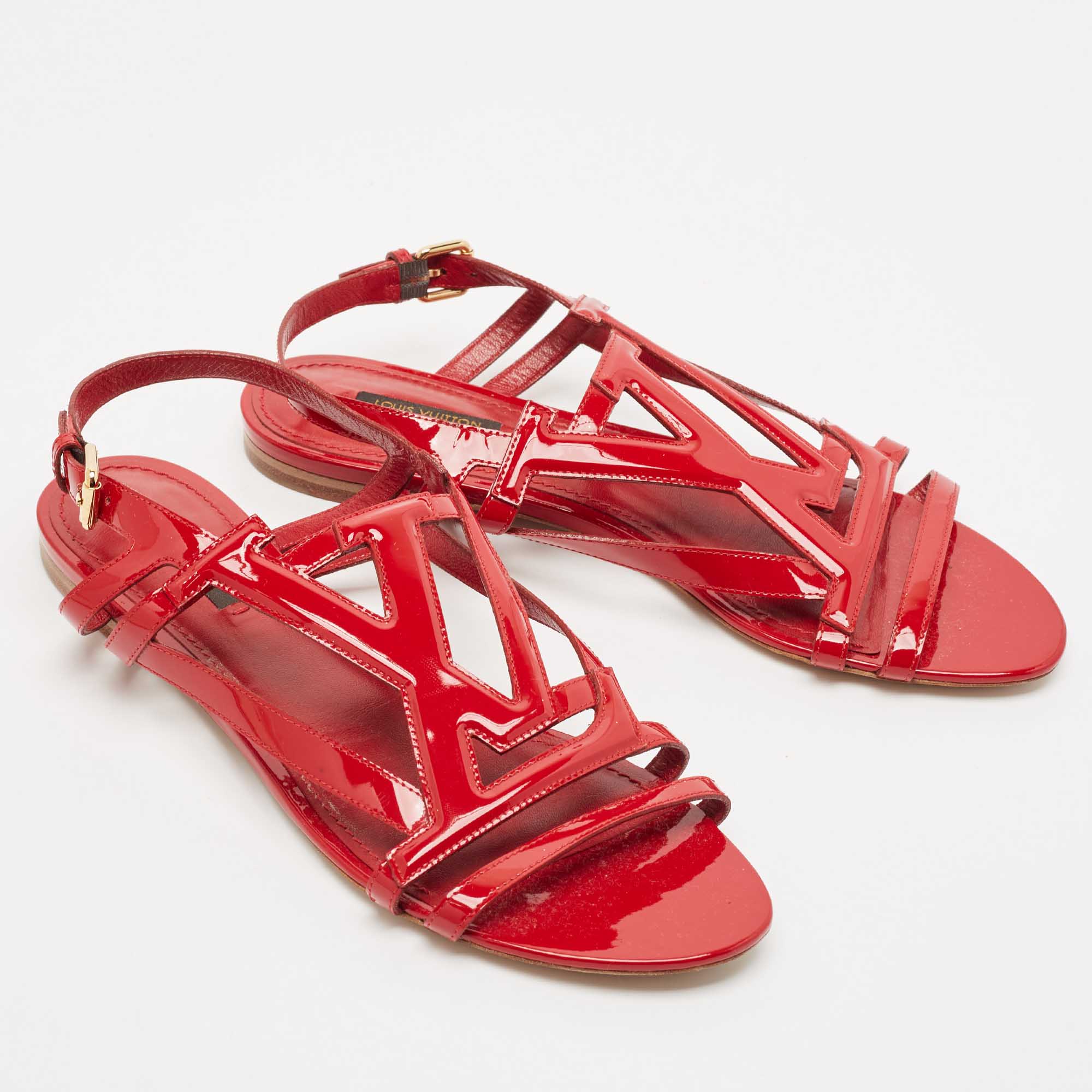 Louis Vuitton Red Patent Leather Slingback Flat Sandals Size 39.5 