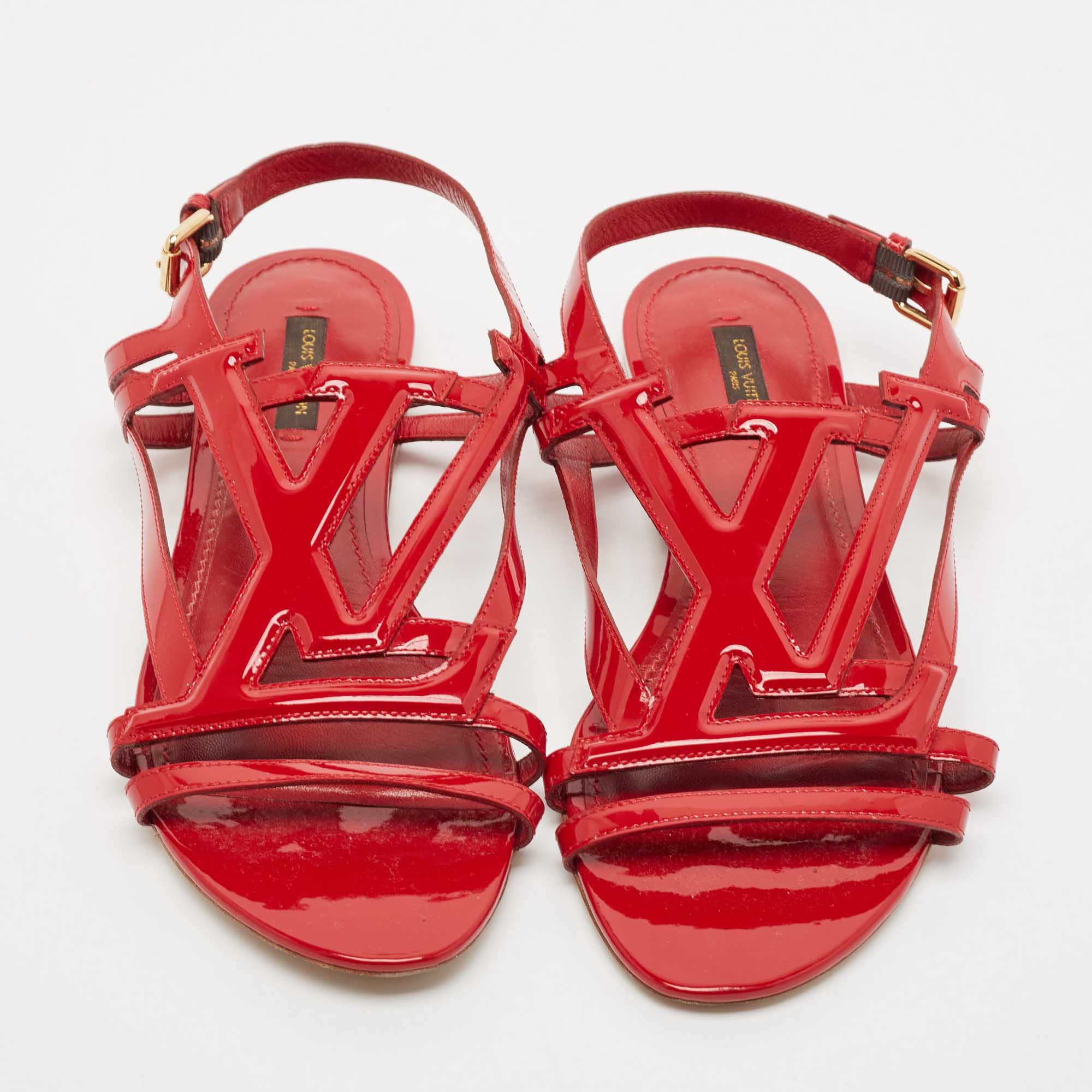 Louis Vuitton Red Patent Leather Slingback Flat Sandals Size 39.5 
