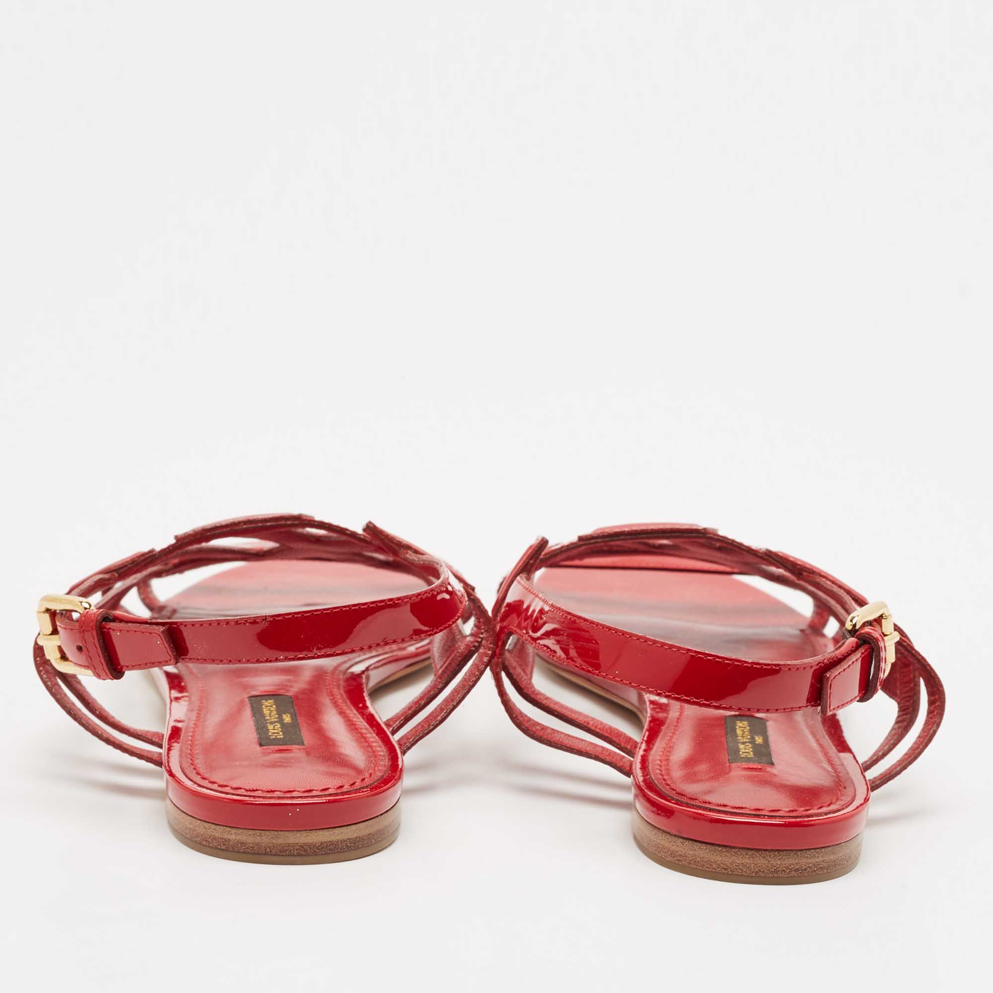 Louis Vuitton Red Patent Leather Slingback Flat Sandals Size 39.5 